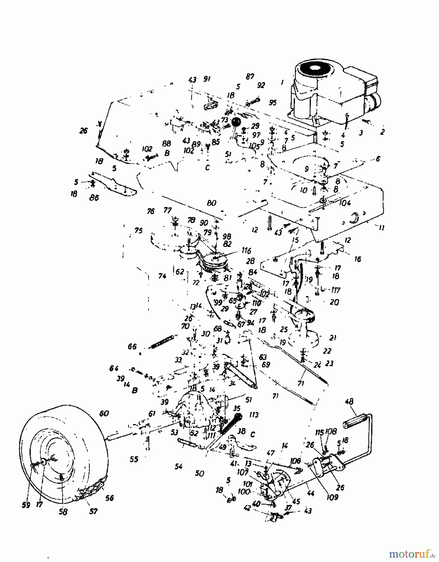 Super Rasentraktoren Super 12-96 I/C 139-6520 (1989) Fahrantrieb, Motorkeilriemenscheibe, Pedal, Räder hinten