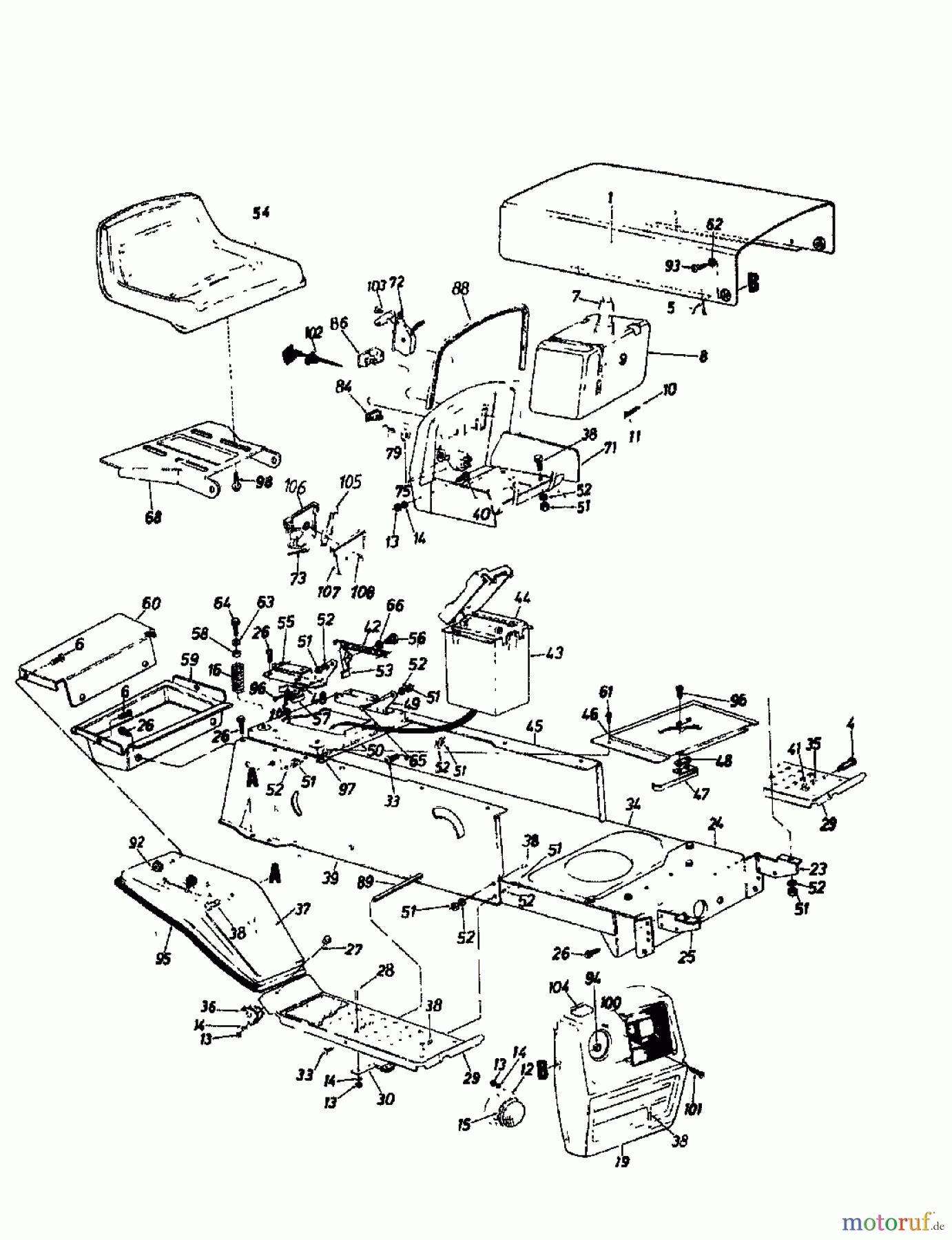 Columbia Rasentraktoren 111/960 N 139-6370 (1989) Armaturenbrett, Batterie, Motorhaube, Tank