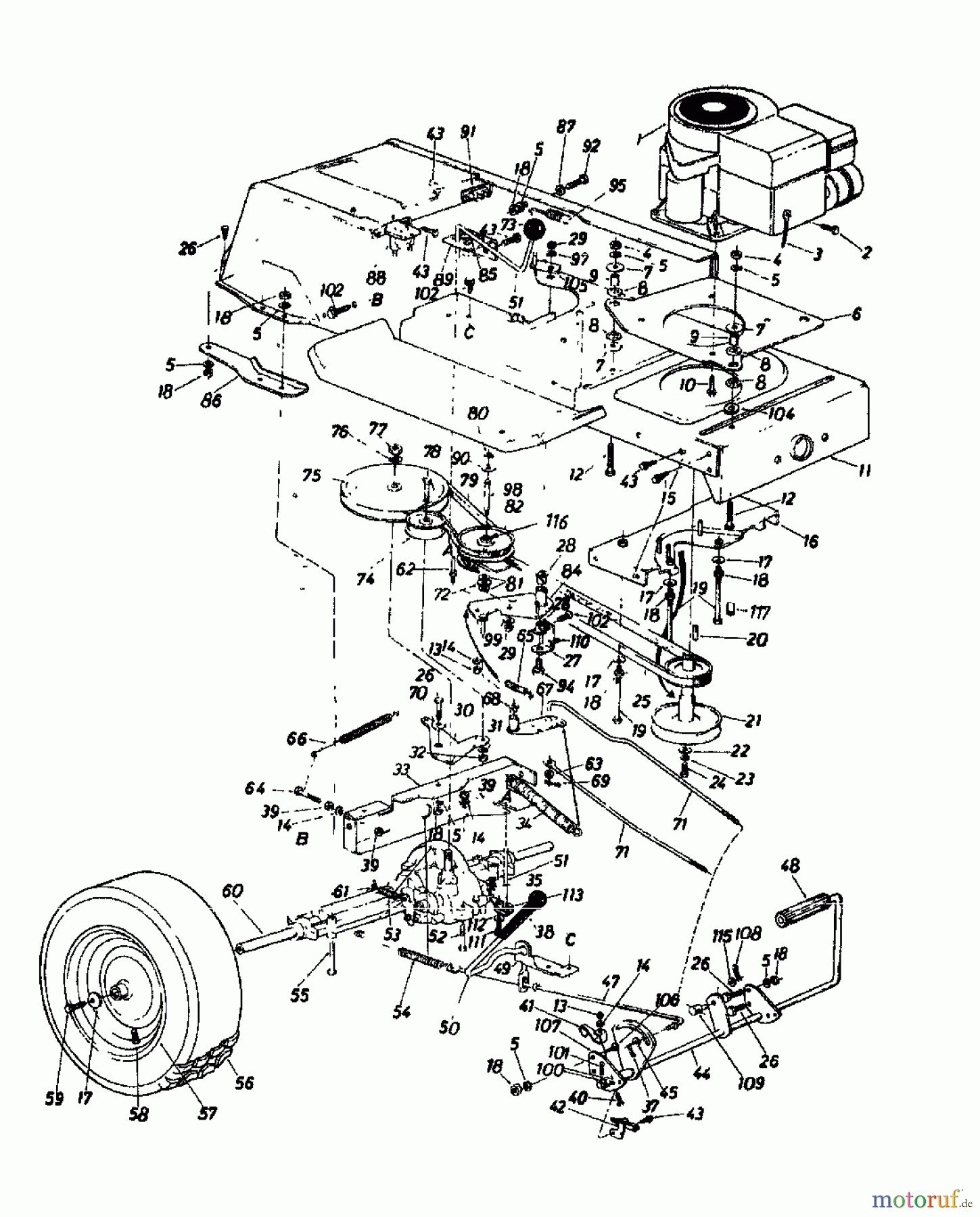Columbia Rasentraktoren 111/960 N 139-6370 (1989) Fahrantrieb, Motorkeilriemenscheibe, Pedal, Räder hinten