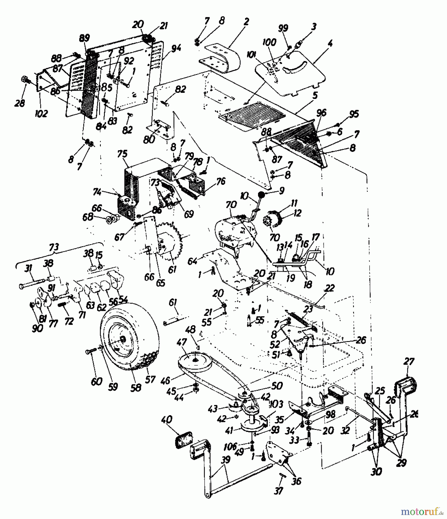 Columbia Rasentraktoren RD 11/660 130-5240 (1990) Fahrantrieb, Motorkeilriemenscheibe, Pedal, Räder hinten