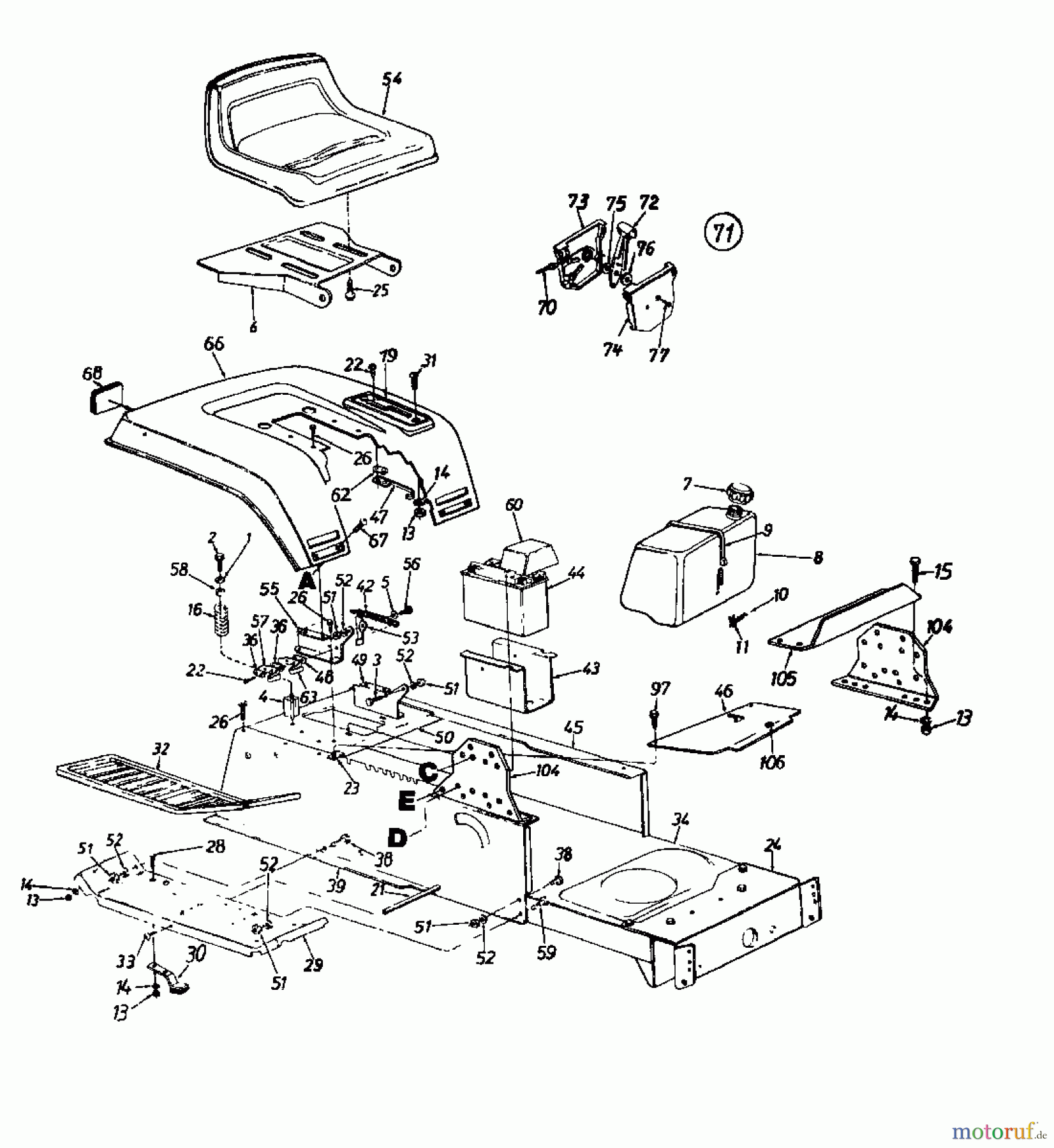 MTD Rasentraktoren Hydro-Super 14-107 131-739G (1991) Batterie, Sitz, Sitzwanne, Tank