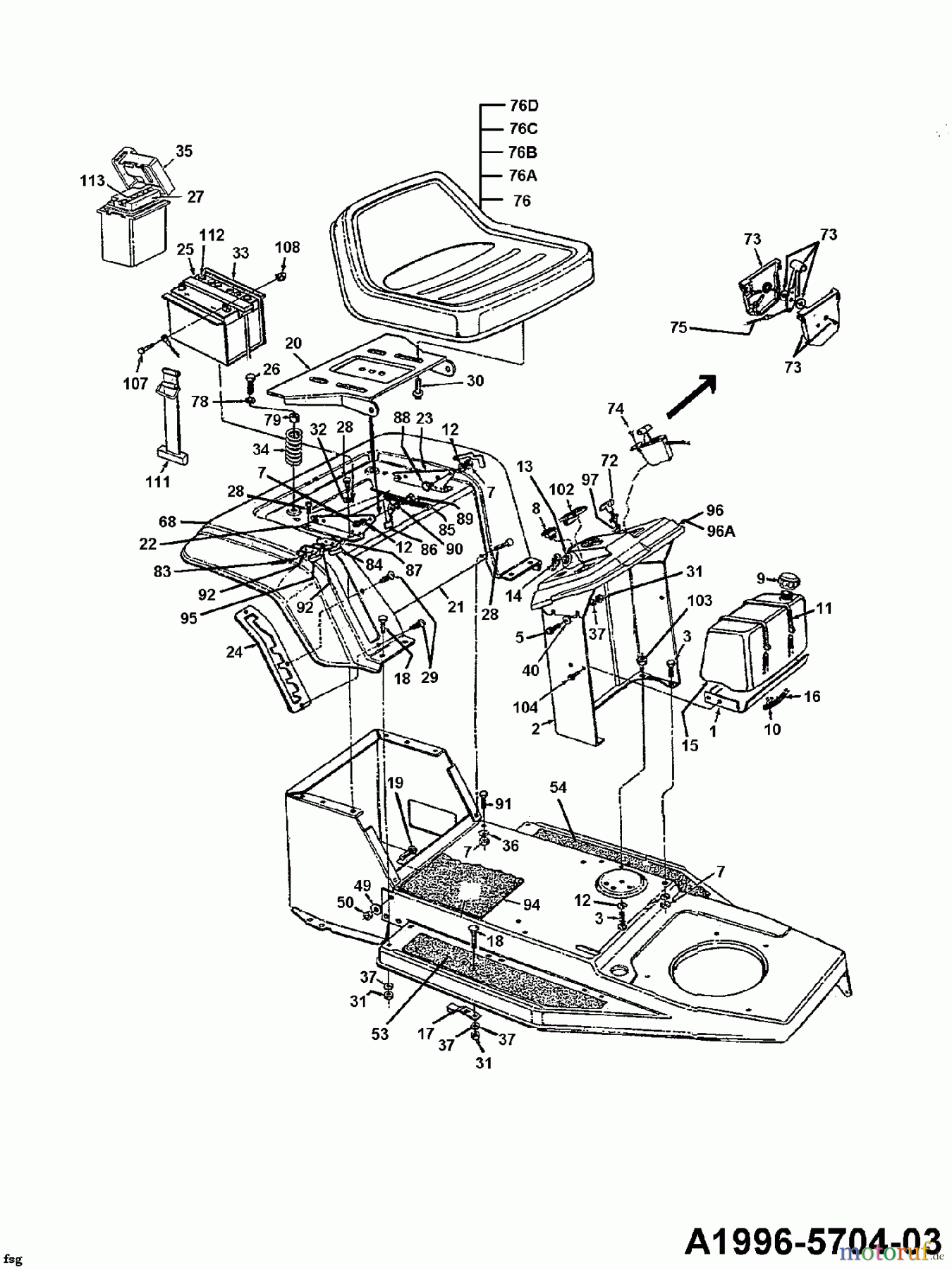 Walmart Rasentraktoren B 12 136H451E352 (1996) Batterie, Sitz, Sitzwanne, Tank