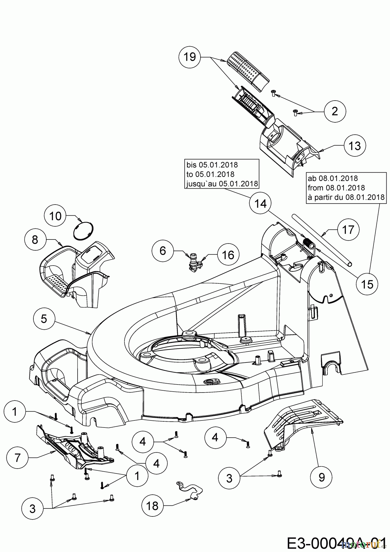 WOLF-Garten Expert Motormäher mit Antrieb Expert 46 B S 12A-YA5L650 (2018) Leitstück hinten, Mähwerksgehäuse, Stange für Heckklappe, Seitenverkleidungen