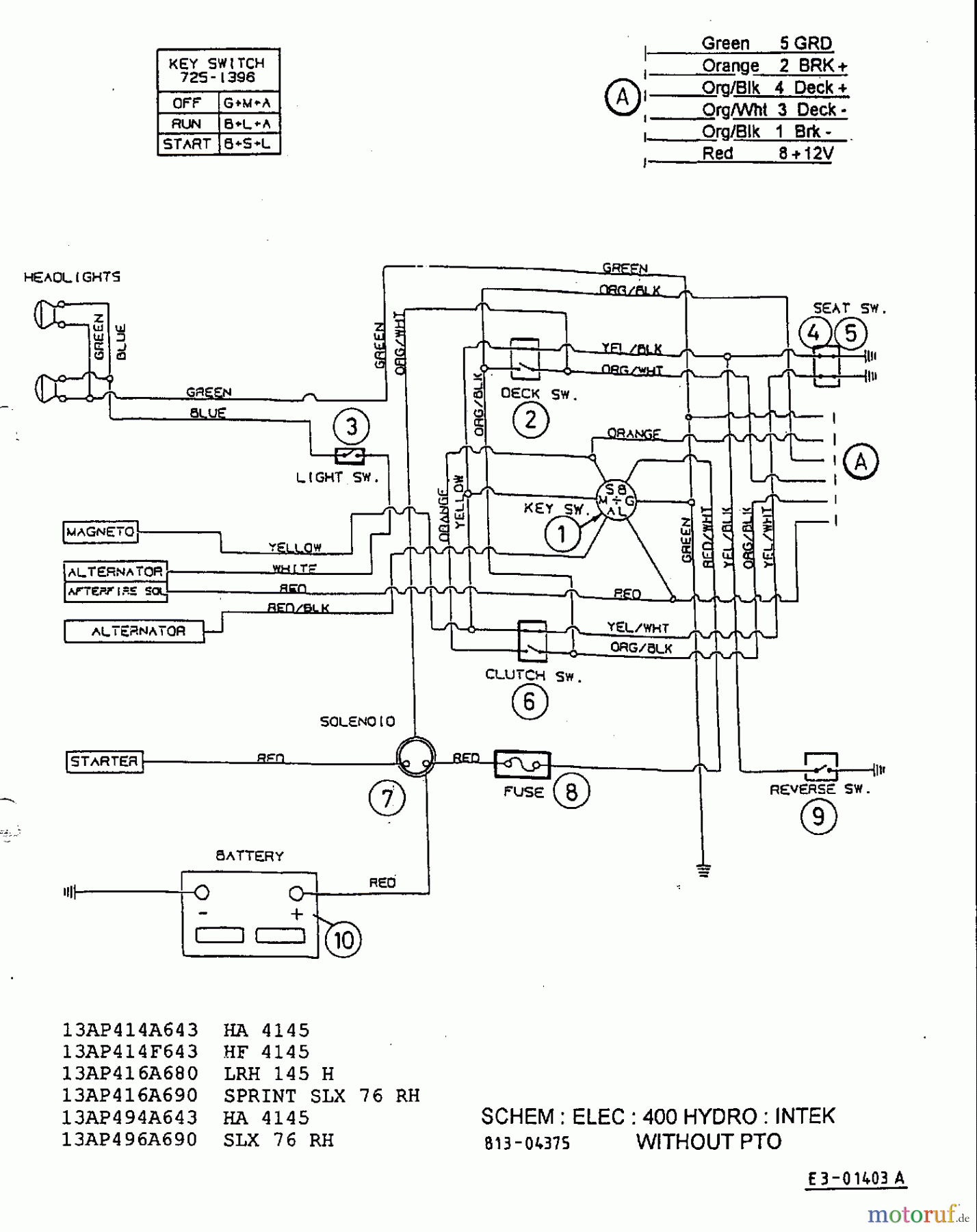 Yard-Man Rasentraktoren HA 4145 13AP414A643 (2001) Schaltplan Intek ohne Elektromagnetkupplung