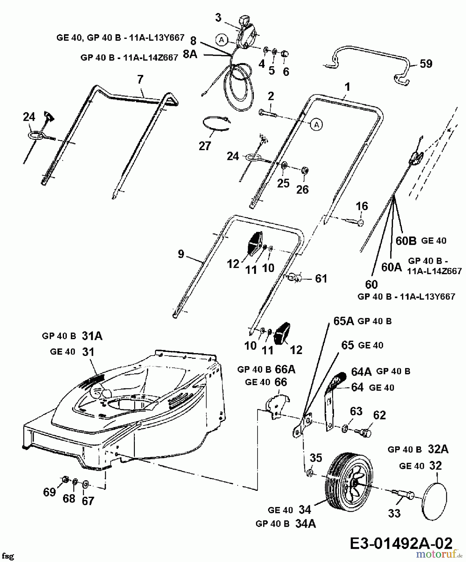 Genius Pro Motormäher GP 40 B 11A-L13Y667 (2000) Holm, Räder, Schnitthöhenverstellung