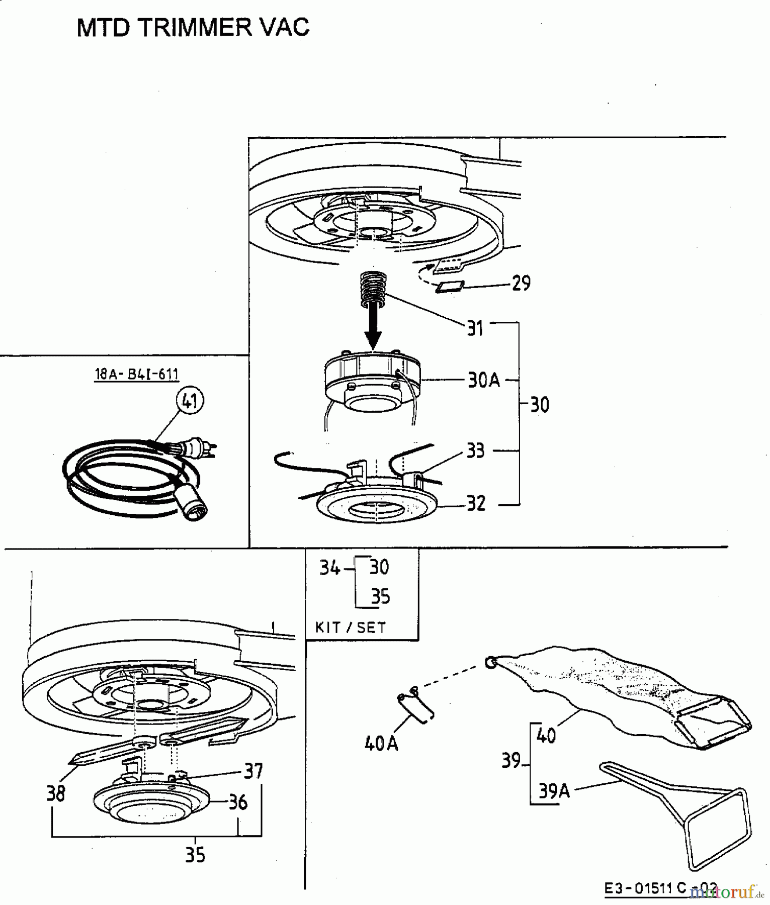 MTD Elektrotrimmer Trim Vac 18B-B4I-678 (2003) Fadenspule, Fangsack, Messer