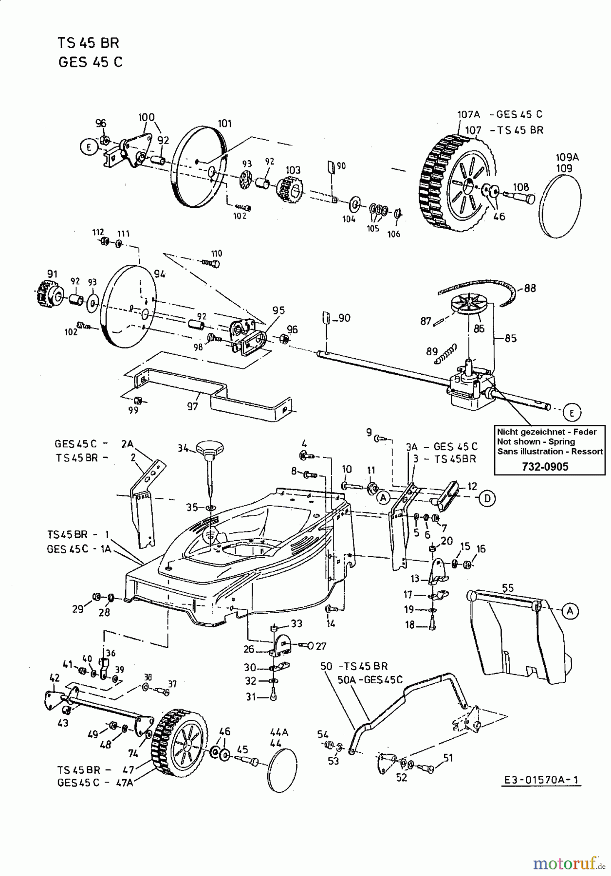 MTD Motormäher mit Antrieb GES 45 C 12C-T76Z678 (2001) Getriebe, Räder, Schnitthöhenverstellung