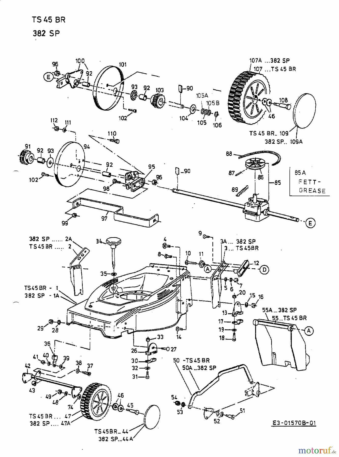  Turbo Silent Motormäher mit Antrieb TS 45 BR 12C-T73X667  (2002) Getriebe, Räder, Schnitthöhenverstellung