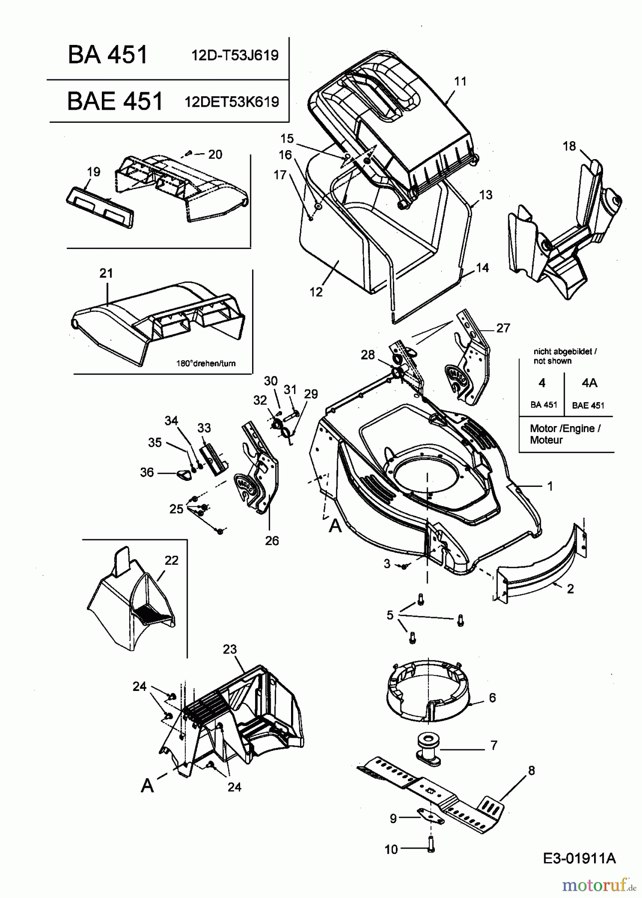 Fleurelle Motormäher mit Antrieb BAE 451 12DET53K619  (2004) Grasfangsack, Messer, Motor, Mulchstopfen
