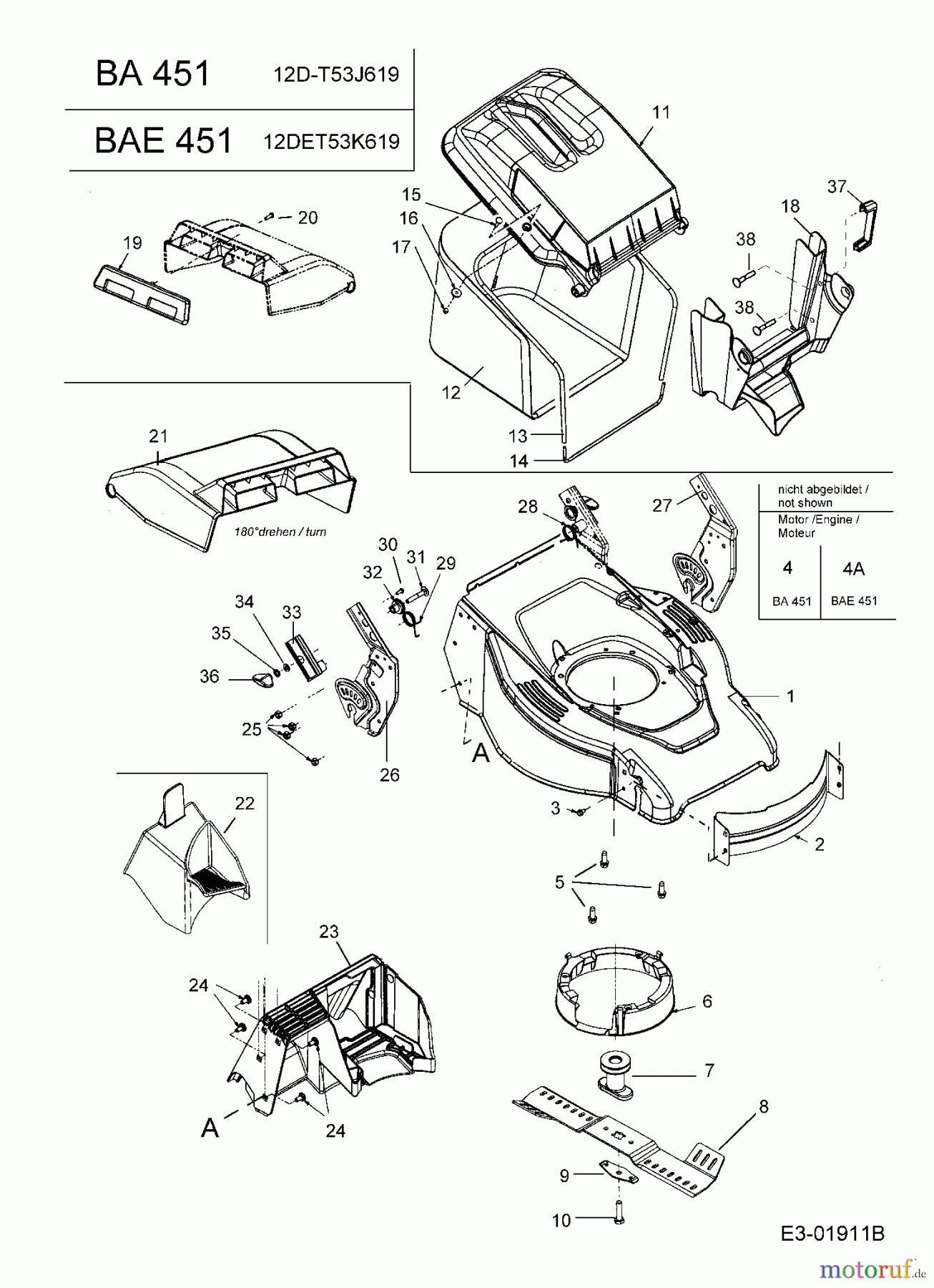Fleurelle Motormäher mit Antrieb BAE 451 12DET53K619 (2005) Grasfangsack, Messer, Motor, Mulchstopfen