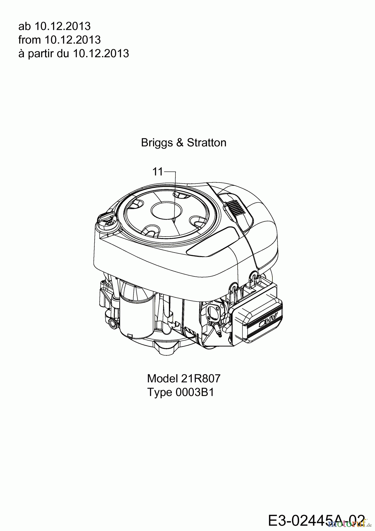 Bestgreen Rasentraktoren BG 1396 SBK 13HH765F655 (2014) Motor Briggs & Stratton ab 10.12.2013