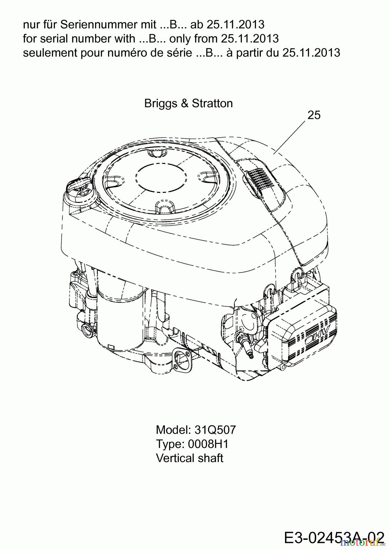 MTD Rasentraktoren Smart RG 145 13CM765G600 (2014) Motor Briggs & Stratton nur für Seriennummer mit ...B... ab 25.11.2013