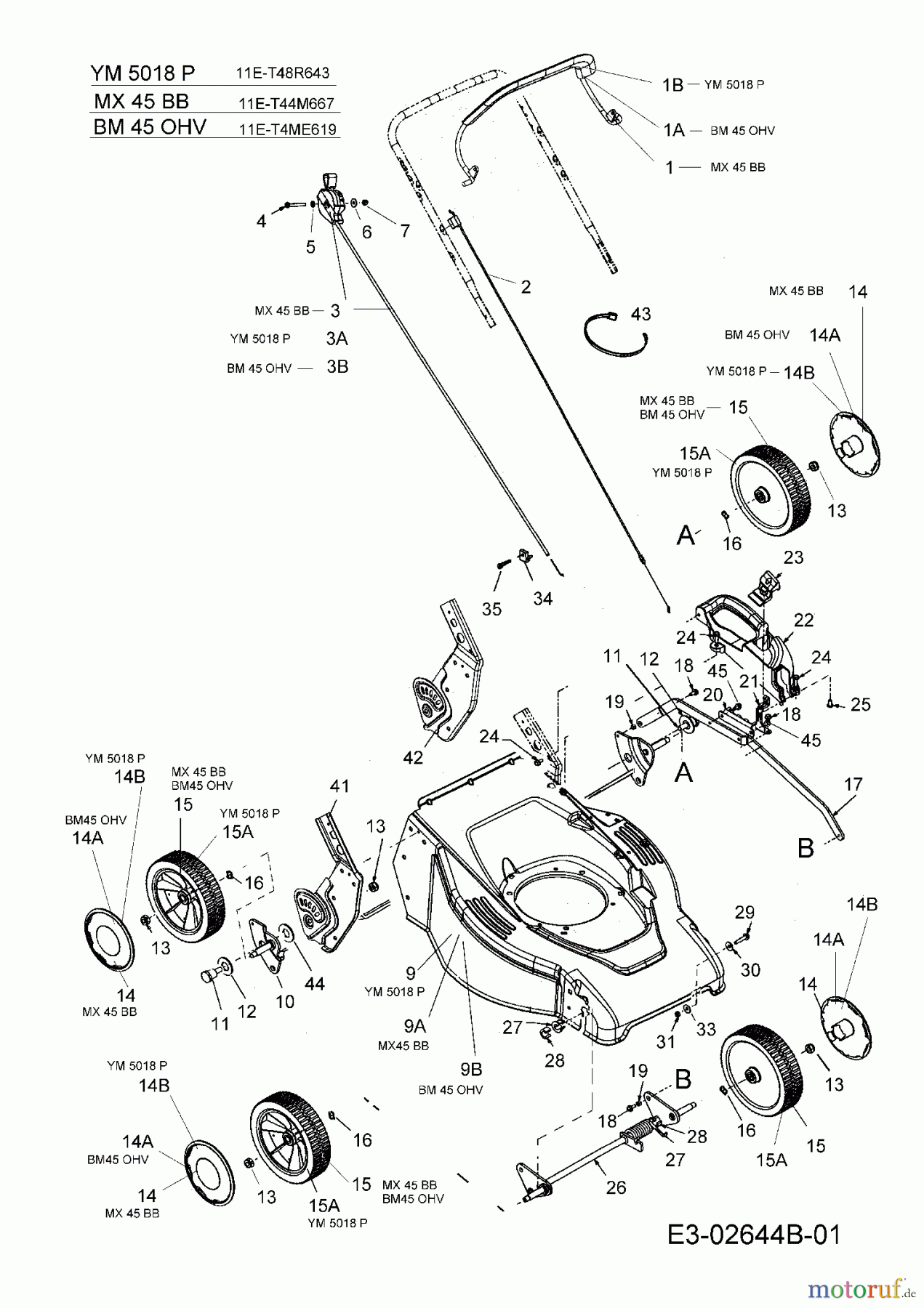Fleurelle Motormäher BM 45 OHV 11E-T4ME619  (2007) Höhenverstellung, Räder