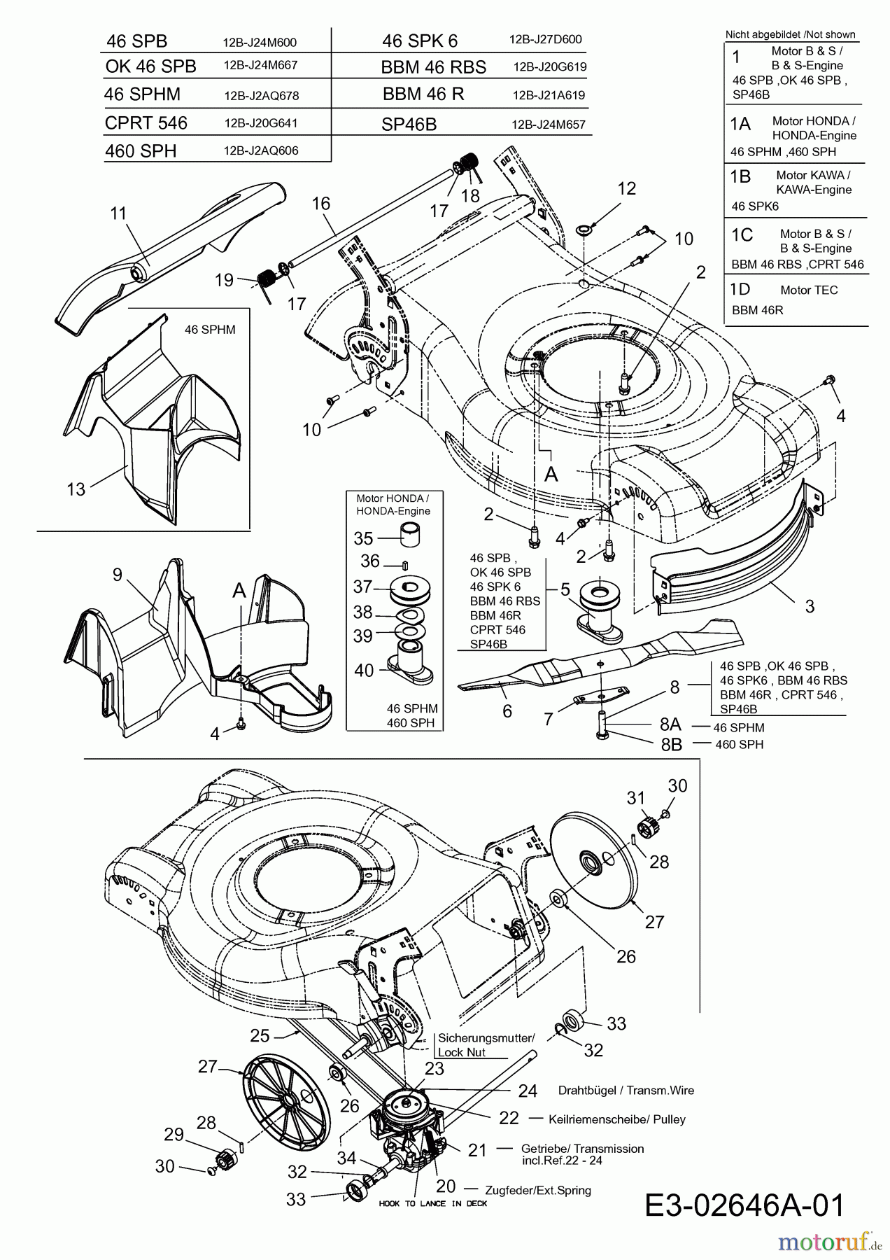 Mastercut Motormäher mit Antrieb SP 46 B 12B-J24M657 (2006) Getriebe, Messer, Motor, Mulchstopfen