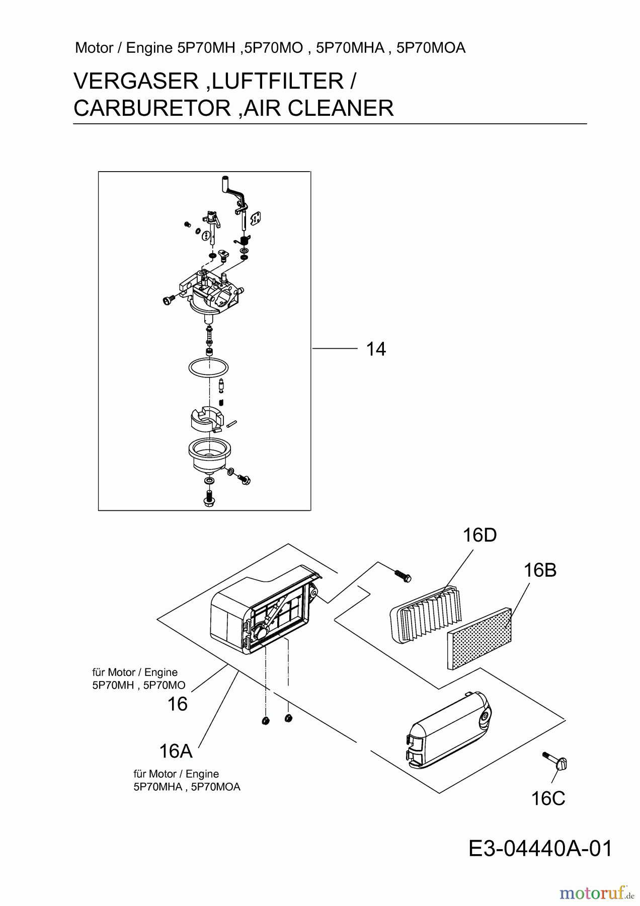 Wolf-Garten Benzinmotoren MTD 5 P 70 MH 752Z5P70MH (2009) Luftfilter, Vergaser