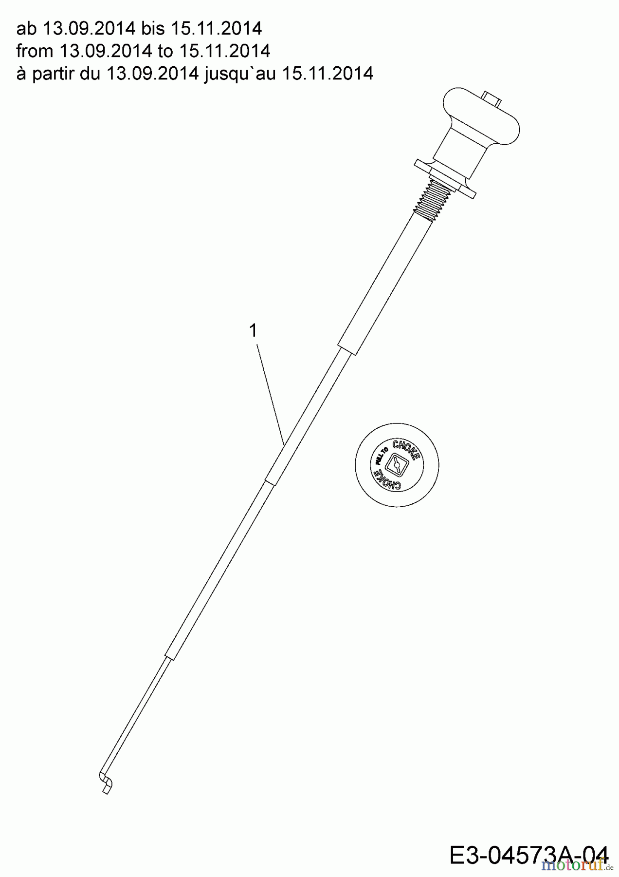  Cub Cadet Rasentraktoren CC 1022 KHT 13HF93AT603  (2014) Chokezug ab 13.09.2014 bis 15.11.2014