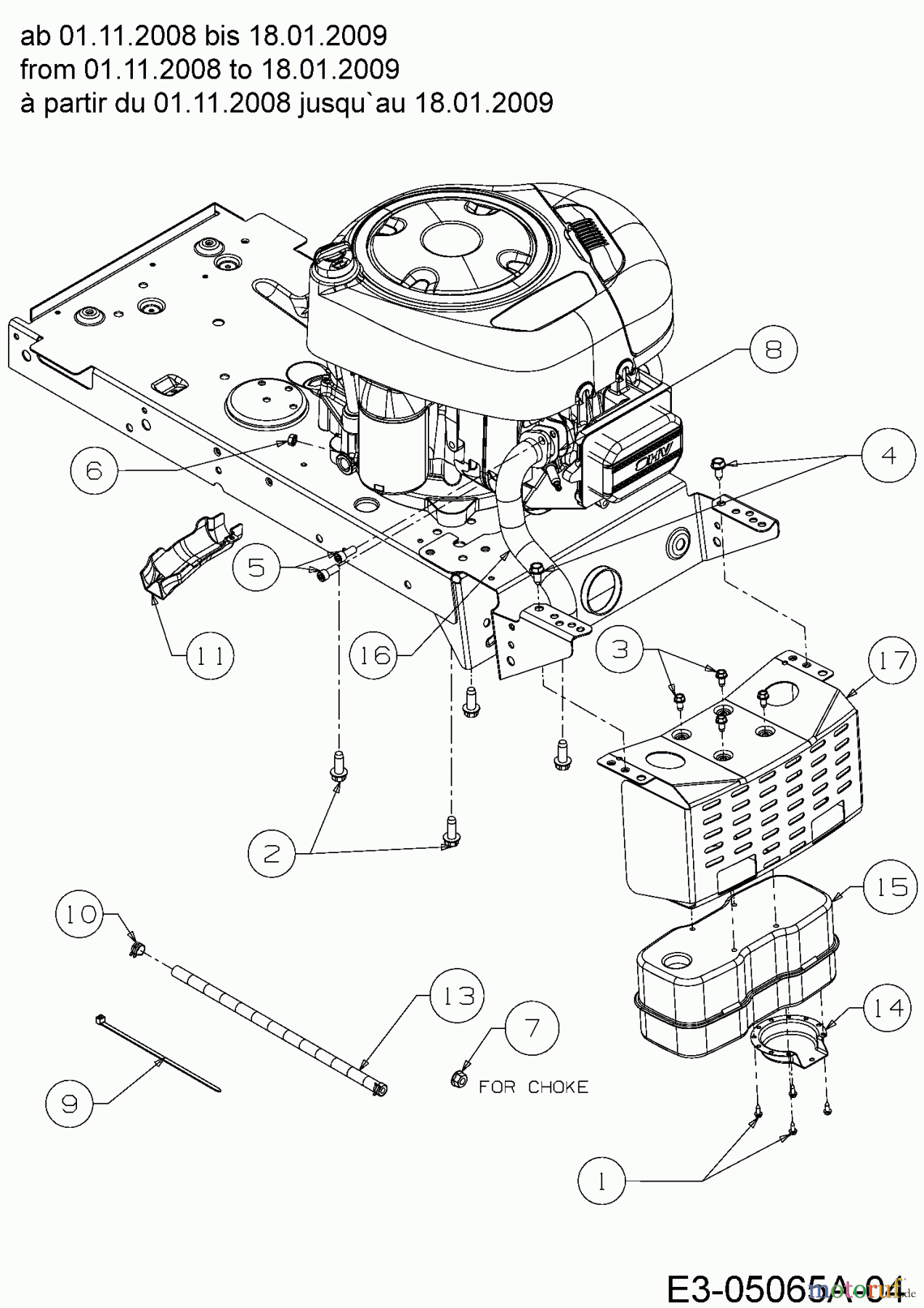 Bolens Rasentraktoren BL 135/96 T 13EH775F684 (2009) Motorzubehör ab 01.11.2008 bis 18.01.2009