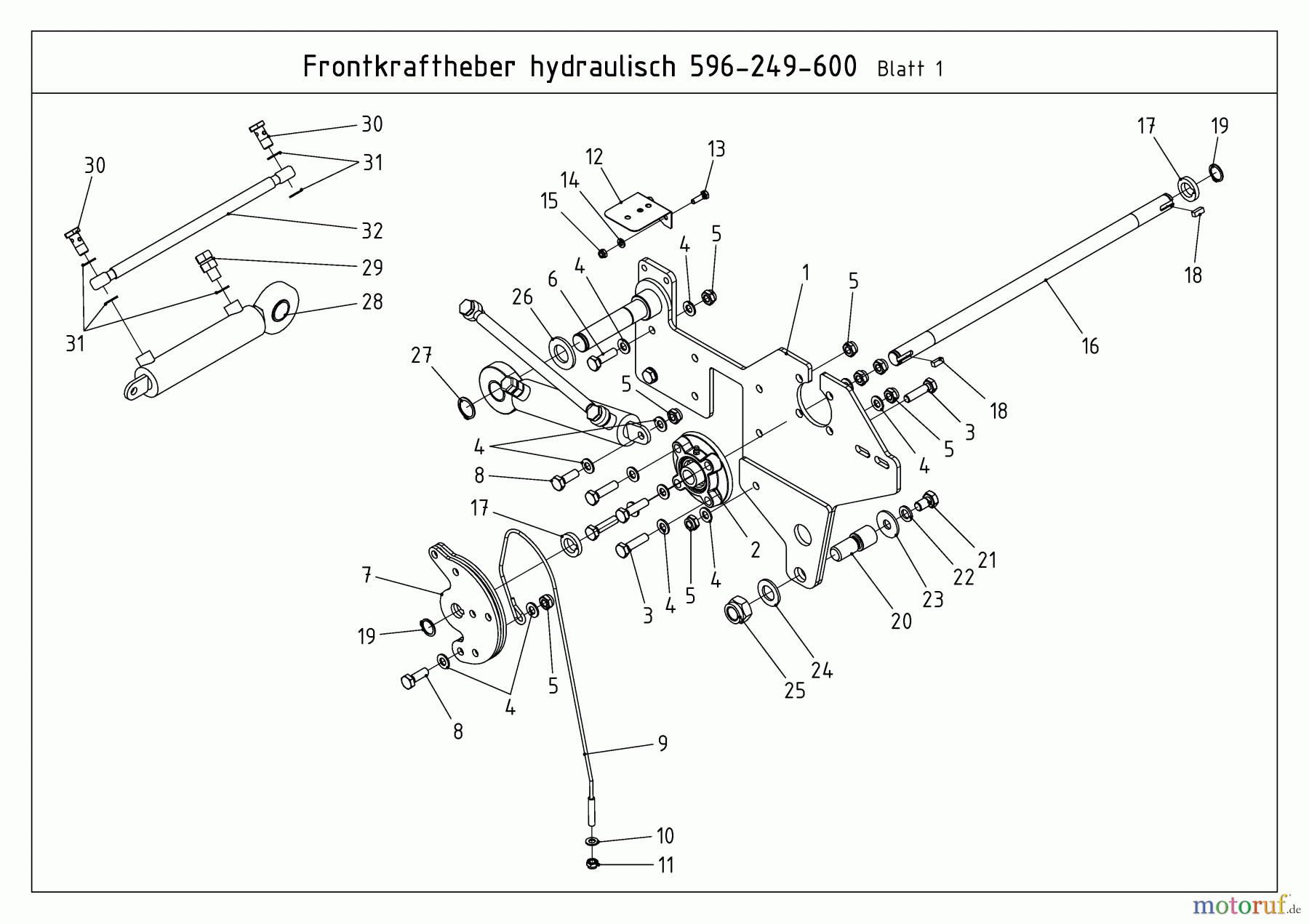  MTD Zubehör Zubehör Kompakttraktoren Frontkuppeldreieck für CC 2000/3000 RD Serie, hydraulisch (nicht CC 2250 RD) 596-249-600  (2009) Hydraulikzylinder, Träger rechts, Umlenkwelle