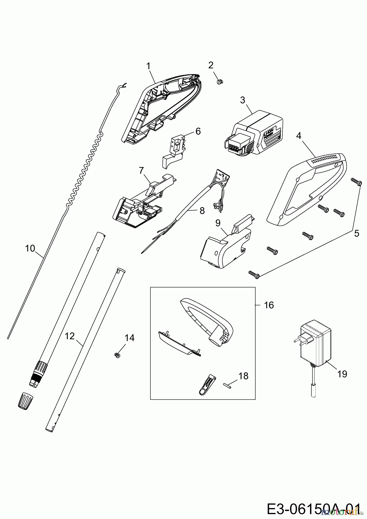 Wolf-Garten Akkutrimmer Li-Ion Power GT 815 7134880 Serie G (2011) Handgriff, Schalter, Stiel