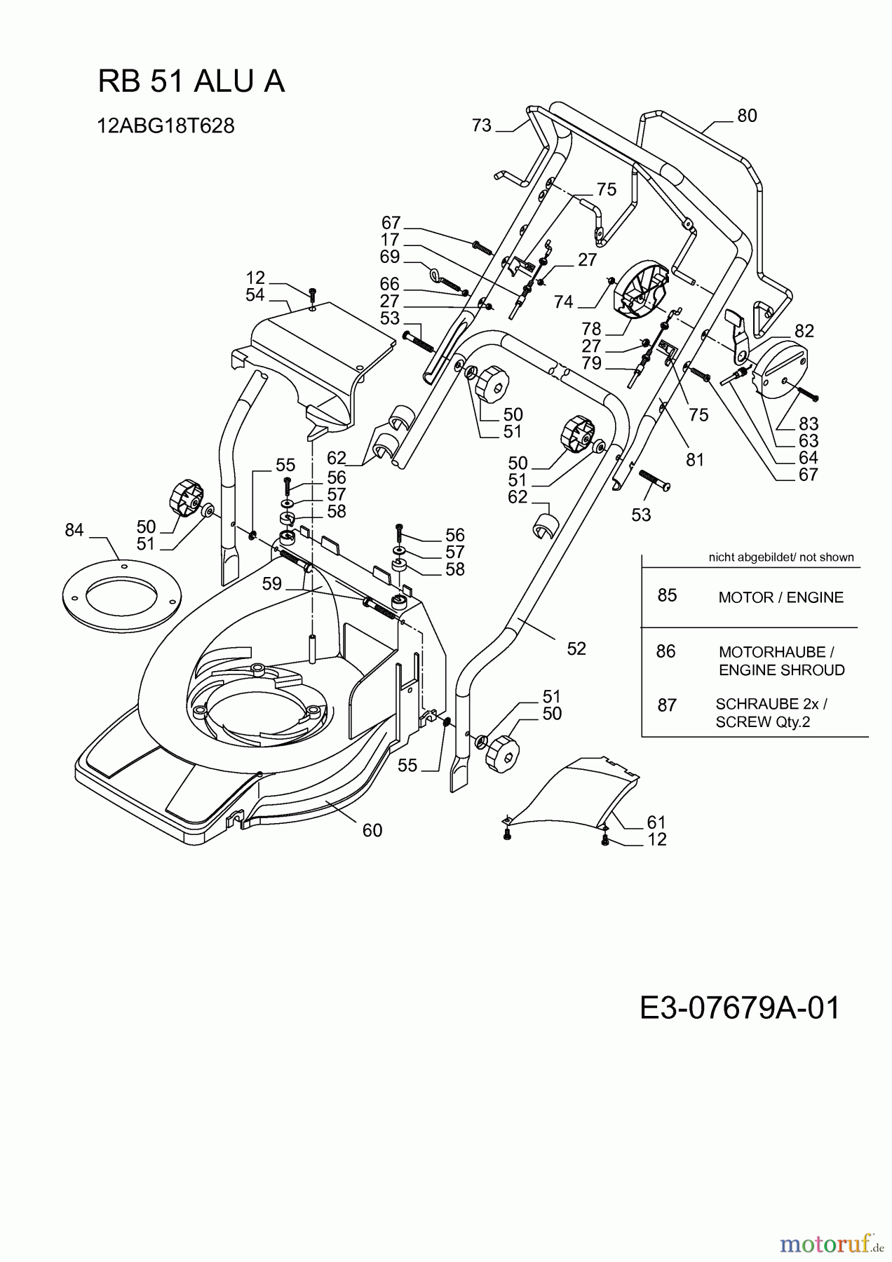  Raiffeisen-Markt Motormäher mit Antrieb RB 51 ALUA 12ABG18T628  (2013) Gehäuse, Holm, Schalthebel