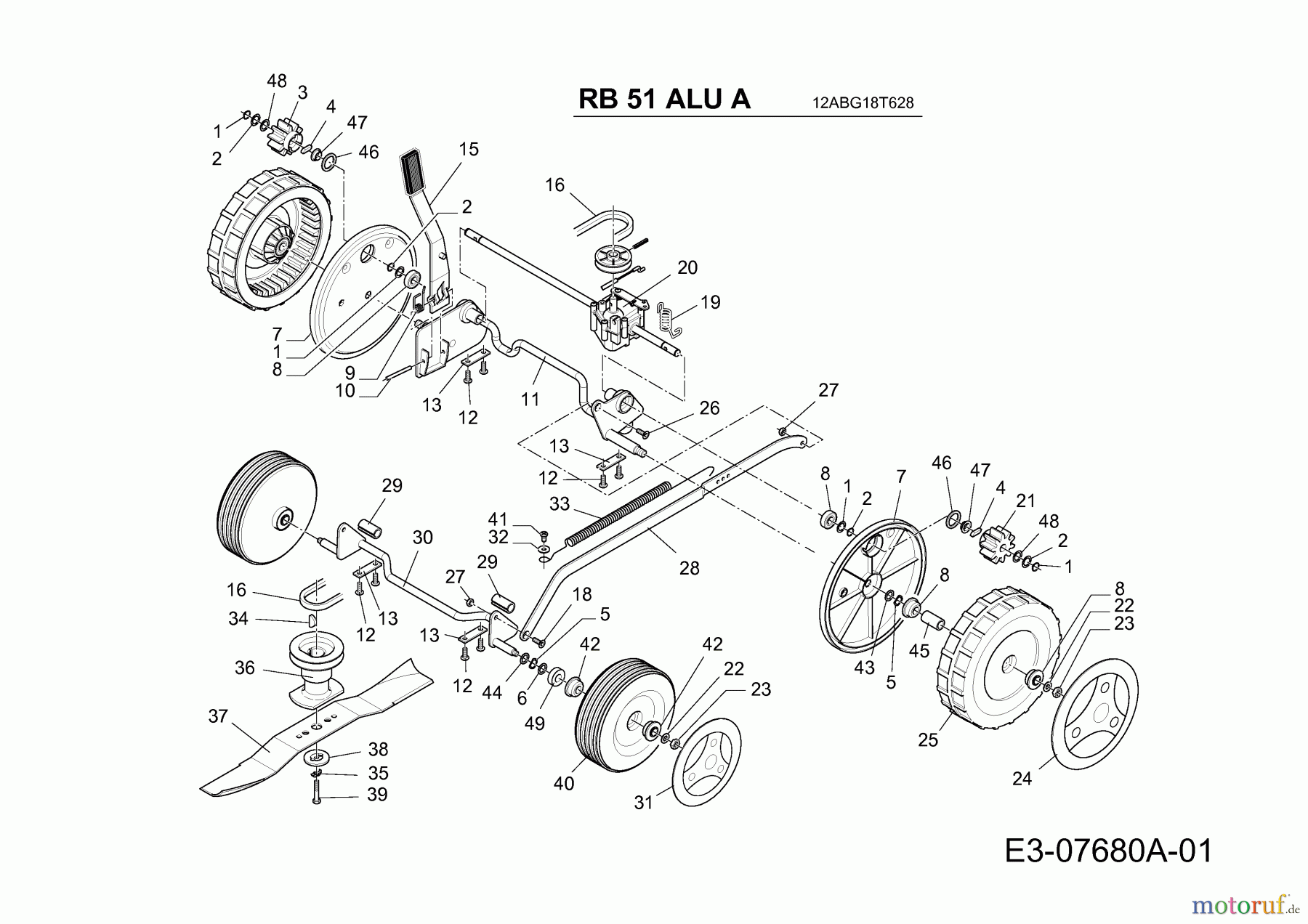  Raiffeisen-Markt Motormäher mit Antrieb RB 51 ALUA 12ABG18T628  (2013) Messer, Räder, Schnitthöhenverstellung, Getriebe