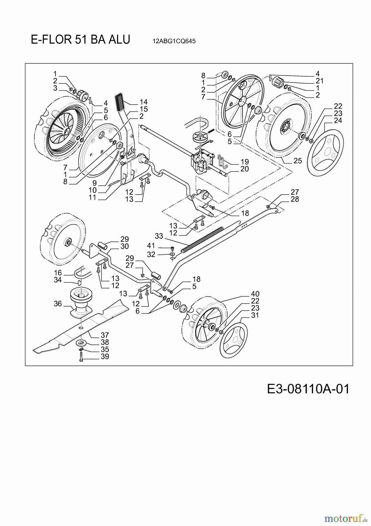 E-Flor Motormäher mit Antrieb 51 BA ALU 12ABG1CQ645 (2013) Messer, Räder, Schnitthöhenverstellung, Getriebe