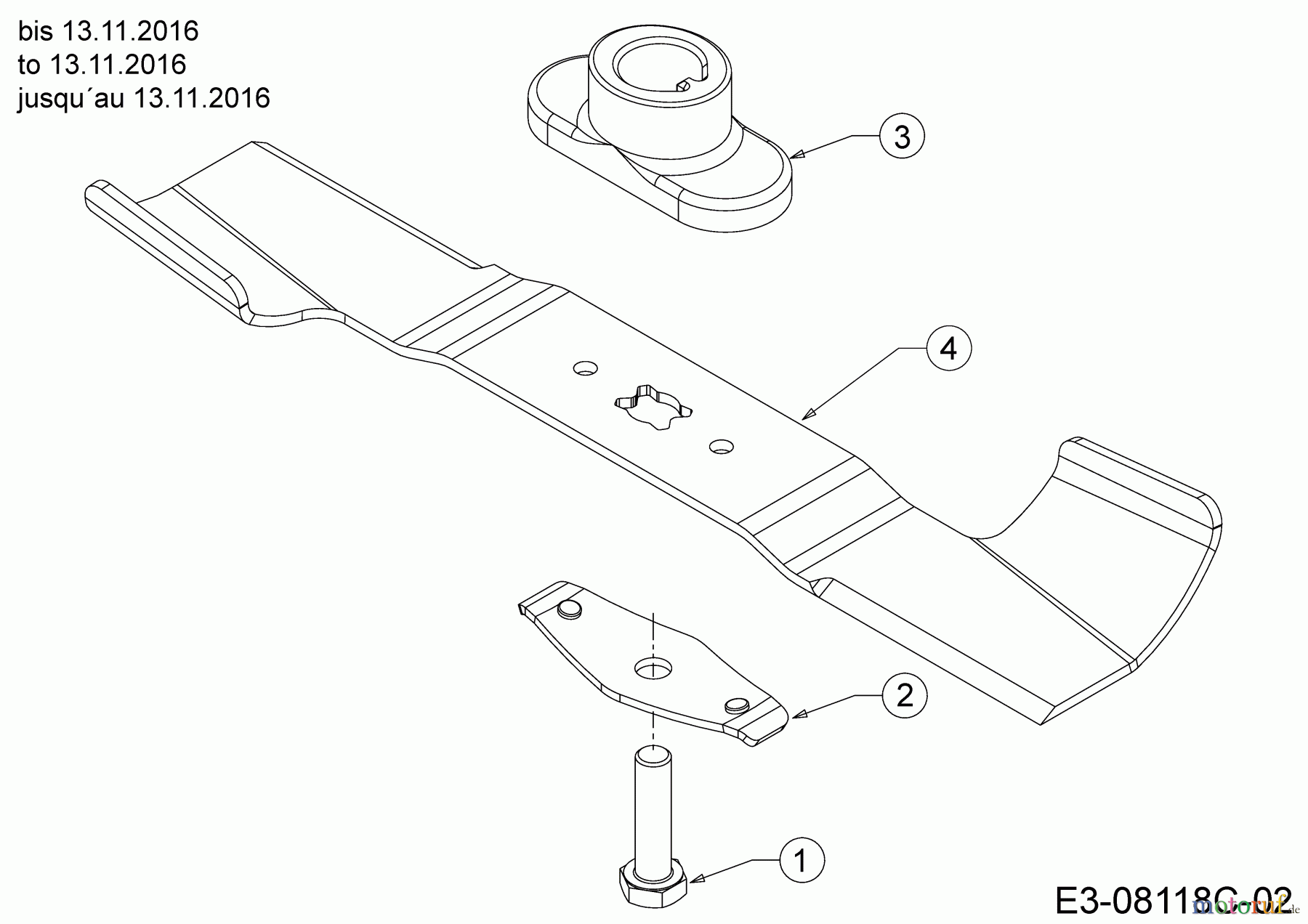 WOLF-Garten Expert Motormäher Expert 420 11B-LUSC650 (2017) Messer, Messeraufnahme bis 13.11.2016