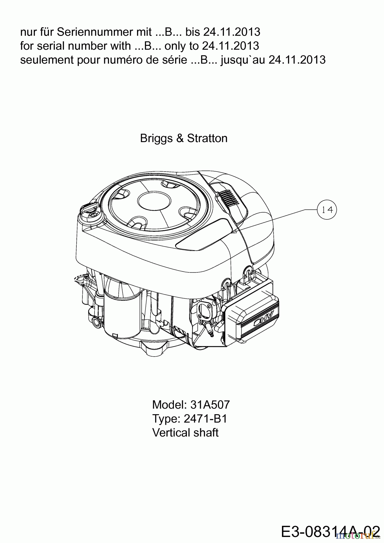 MTD Rasentraktoren Smart RG 145 13CM765G600 (2014) Motor nur für Seriennummer mit …B… bis 24.11.2013