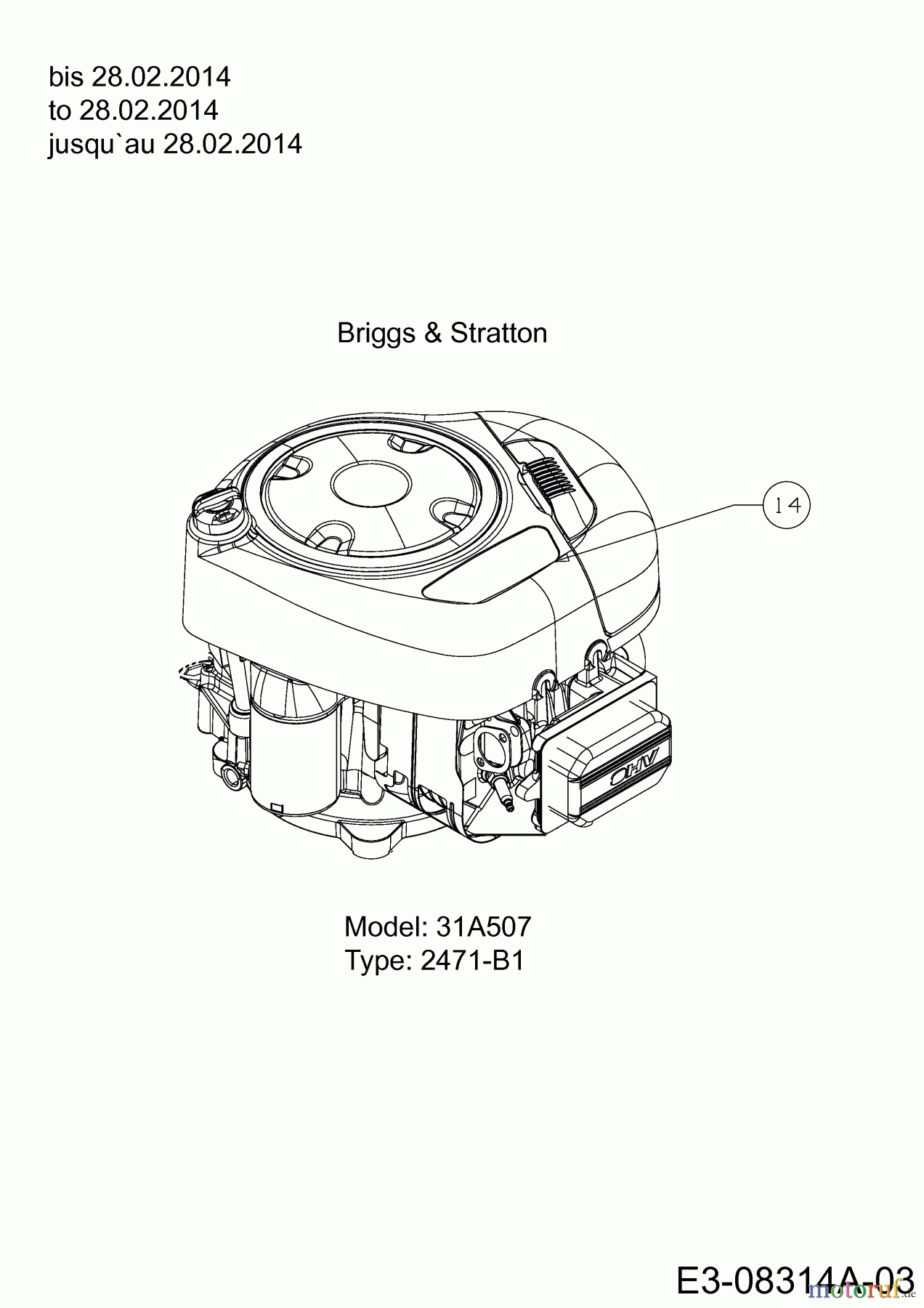 Colombia Rasentraktoren PX 150 B 92 H 13HM71GE646 (2014) Motor bis 28.02.2014