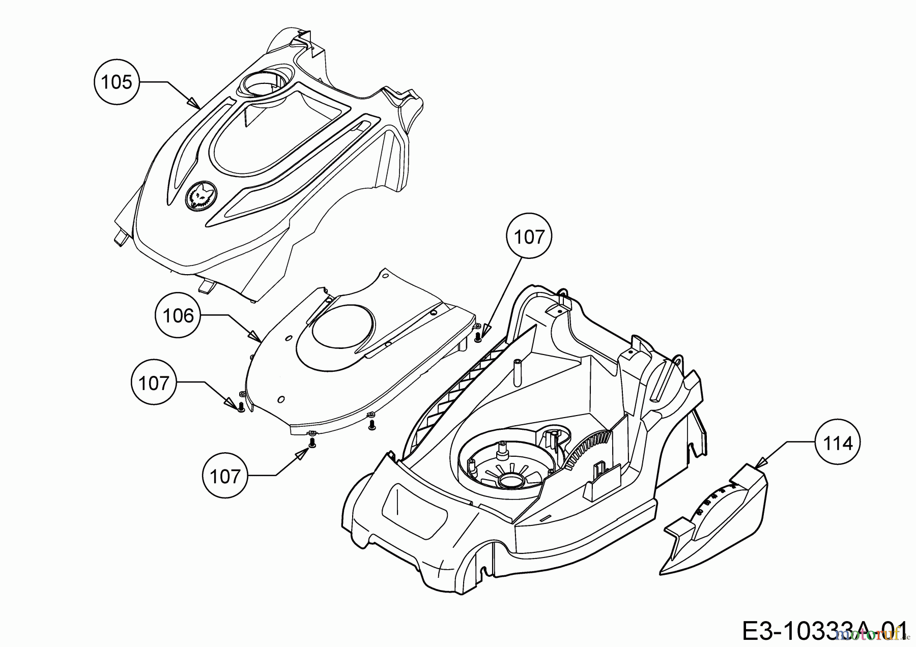  Wolf-Garten Elektromäher Blue Power 34 E 18BWF1X1C50  (2018) Abdeckung seitlich, Motorhaube