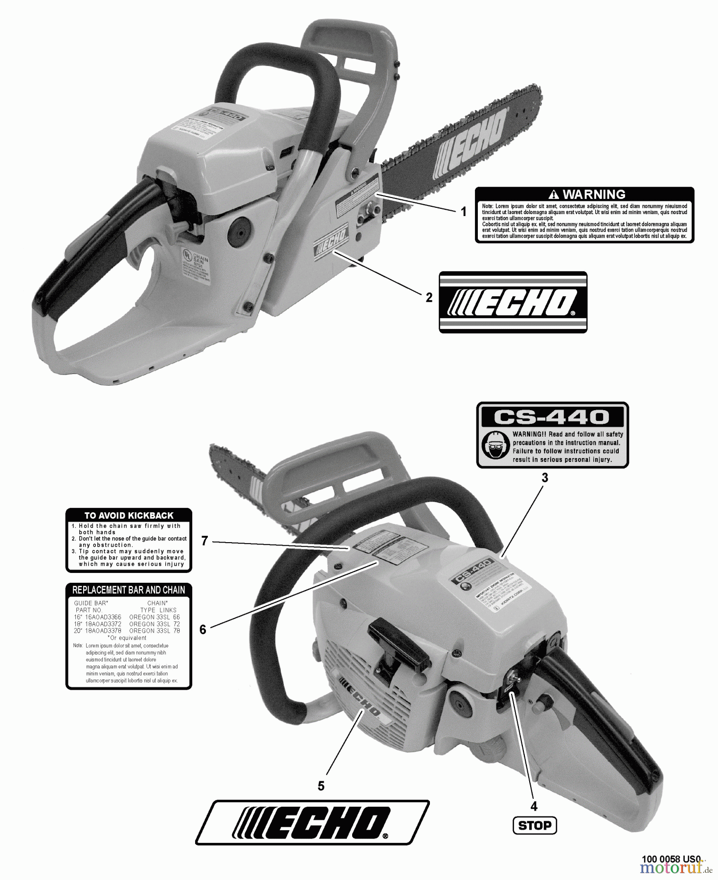 Echo Sägen, Kettensägen CS-440 - Echo Chainsaw, S/N: 08001001 - 08999999 Labels