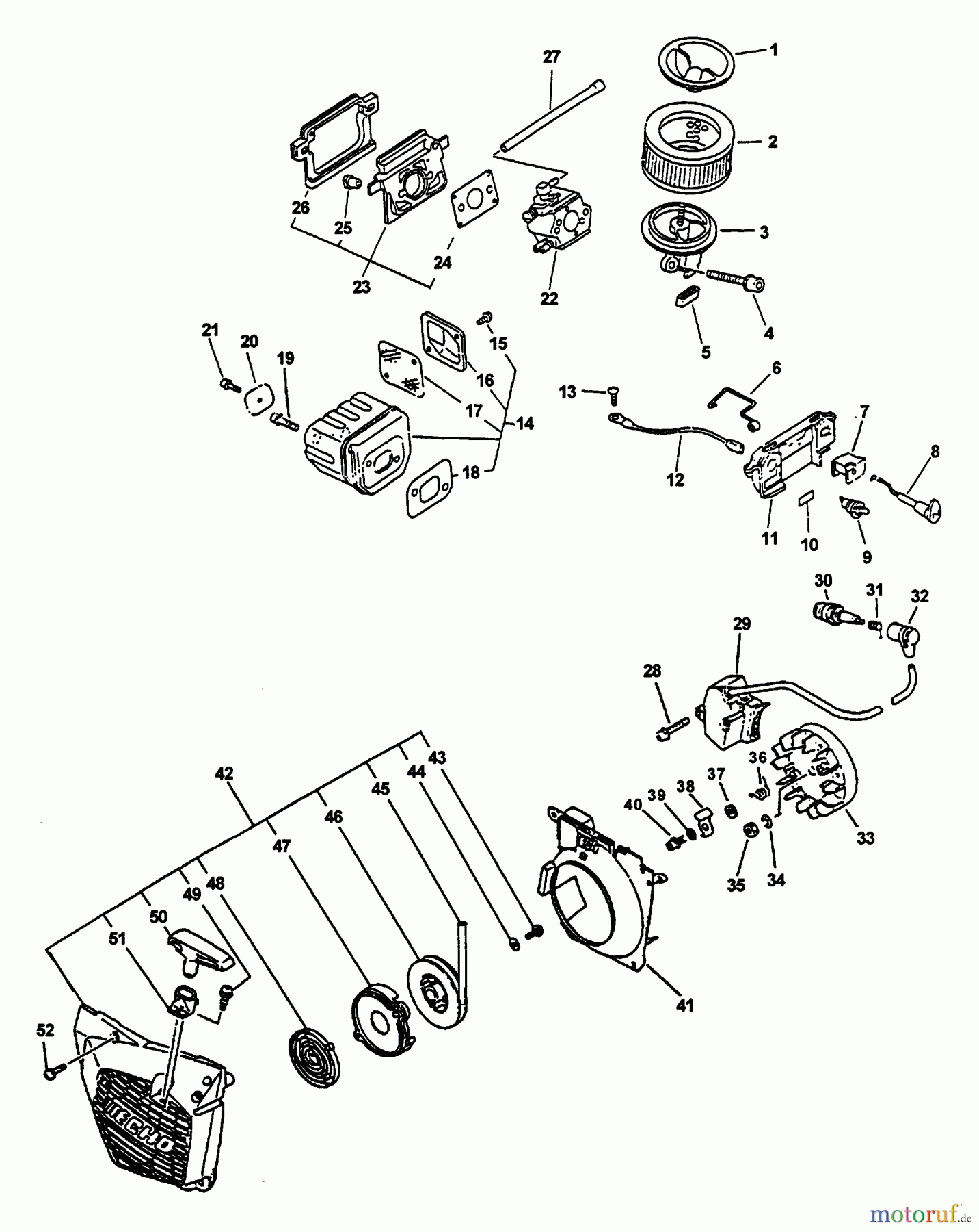 Echo Sägen, Kettensägen CS-4400 - Echo Chainsaw, S/N: 001001 - 101000 (Type 1) Starter, Ignition, Intake, Air Filter, Exhaust, Stop Switch