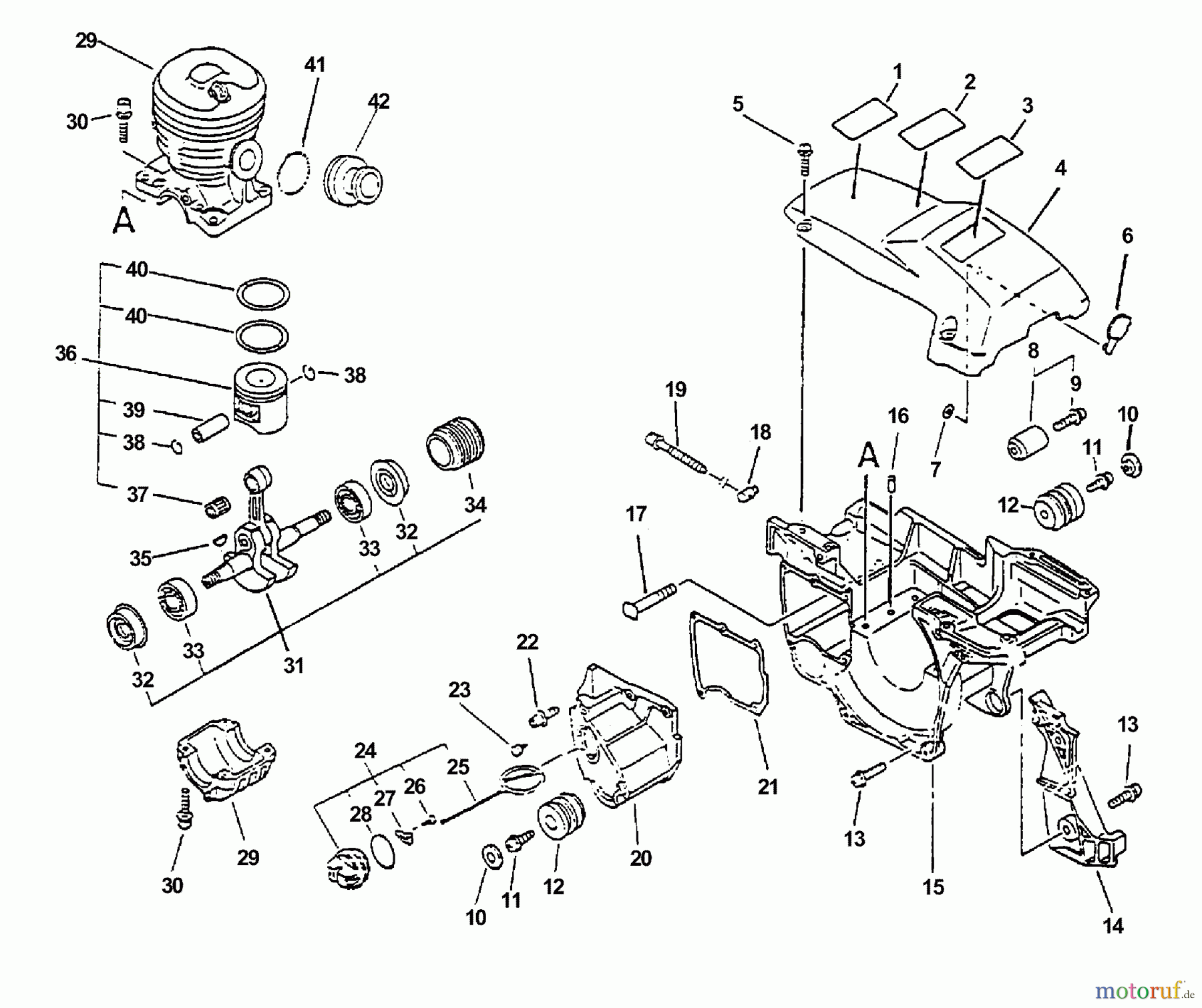 Echo Sägen, Kettensägen CS-4400 - Echo Chainsaw, S/N: 001001 - 101000 (Type 1E) Crankcase, Engine, Engine Cover, Oil Tank