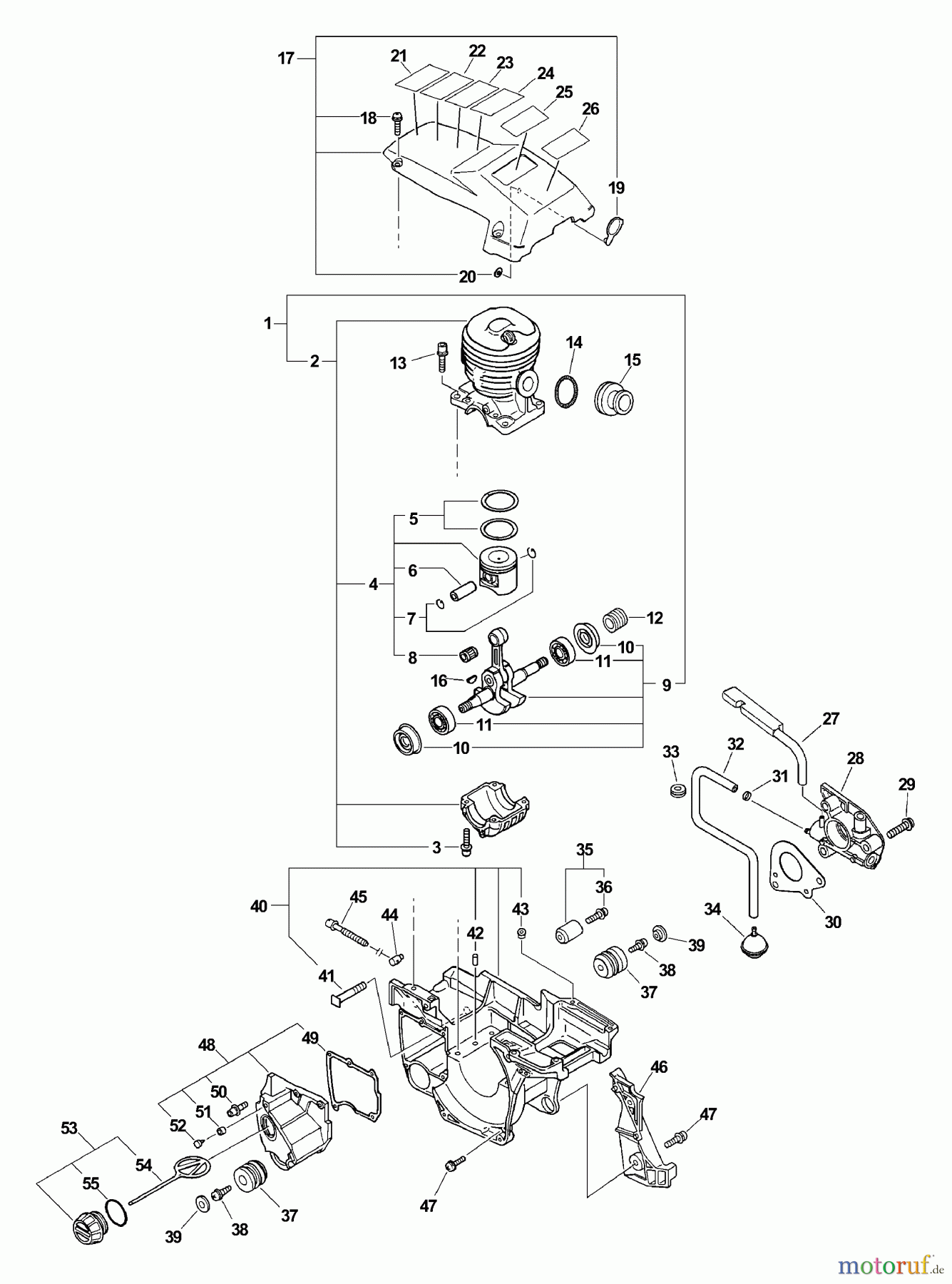 Echo Sägen, Kettensägen CS-4400 - Echo Chainsaw, S/N: 101001 - 999999 (Type 1E) Auto-Oiler, Crankcase, Cylinder, Piston