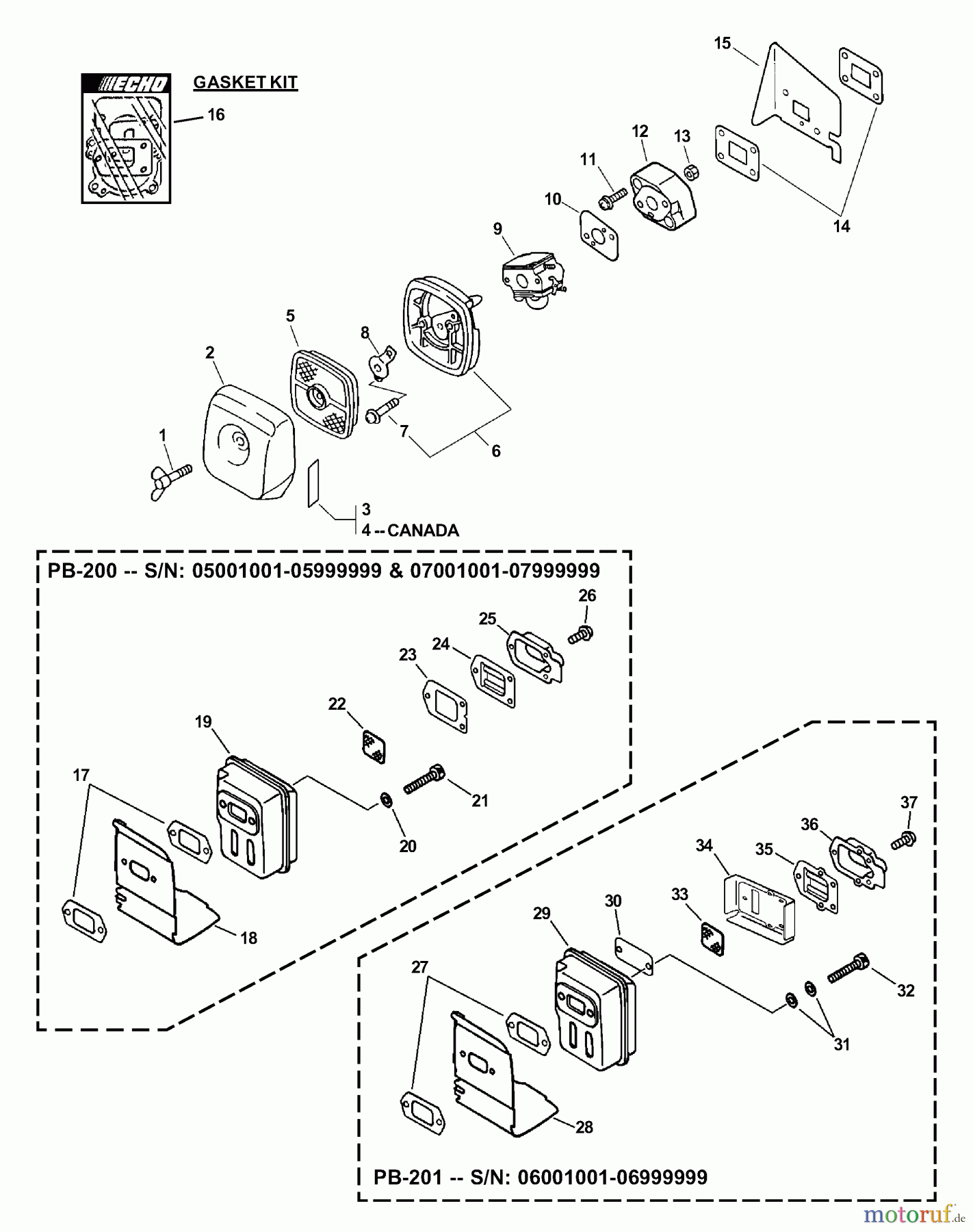 Echo Bläser / Sauger / Häcksler / Mulchgeräte PB-200 - Echo Hand Held Blower, S/N: 07001001 - 07999999 Intake, Exhaust