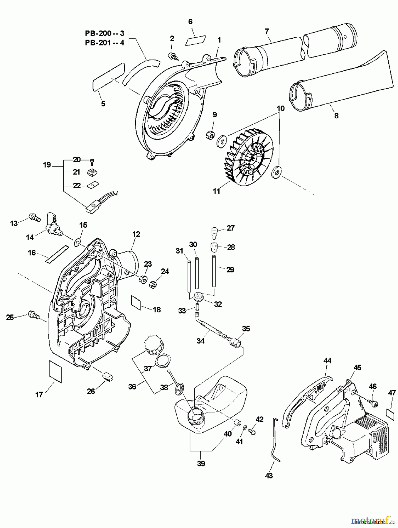 Echo Bläser / Sauger / Häcksler / Mulchgeräte PB-201 - Echo Hand Held Blower, S/N: 02001001 - 02999999 Fan Case, Blower Pipes, Switch, Fuel System