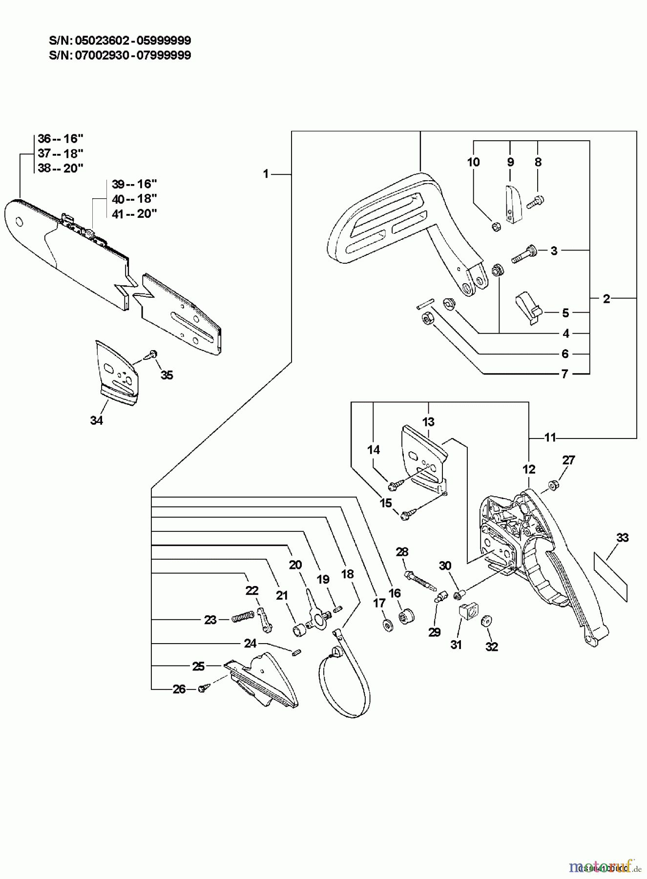  Echo Sägen, Kettensägen CS-520 - Echo Chainsaw, S/N: 05001001 - 05999999 Chain Brake, Cutting Attachment  S/N: 05023602 - 05999999