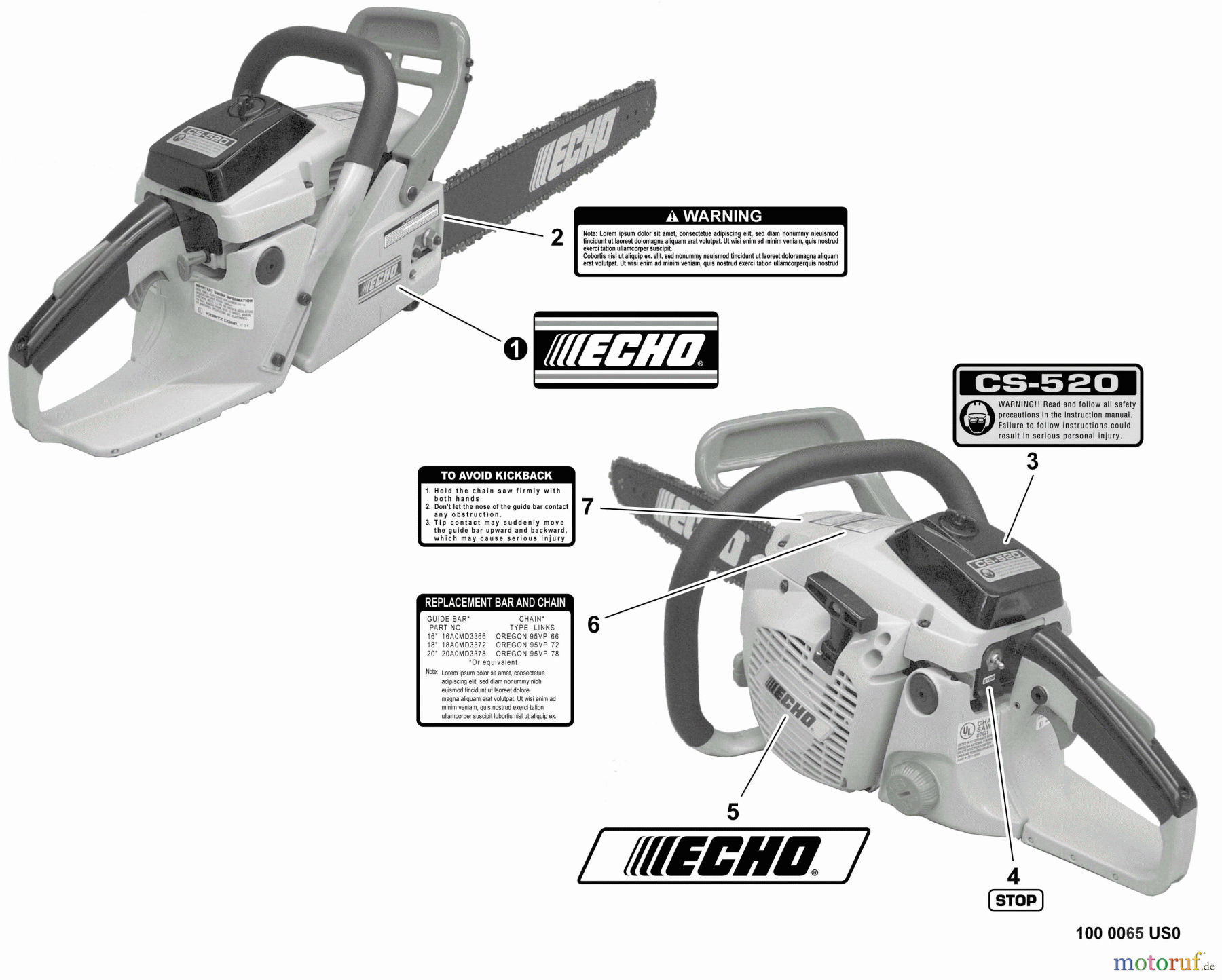  Echo Sägen, Kettensägen CS-520 - Echo Chainsaw, S/N: C09312001001 - C09312999999 Labels
