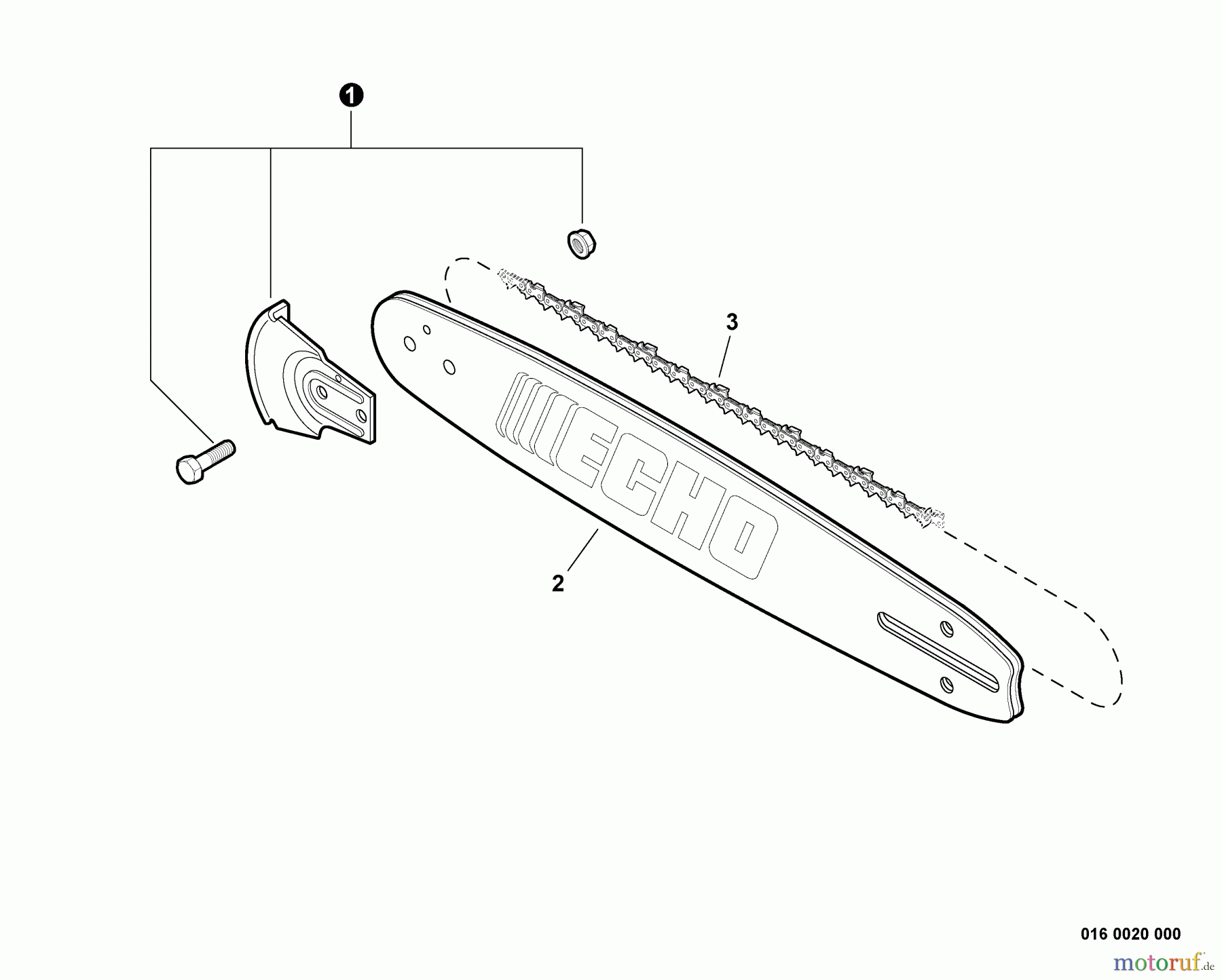Echo Sägen, Kettensägen CS-520 - Echo Chainsaw, S/N: C09312001001 - C09312999999 Standard Guide Bar, Saw Chain, Kick Guard