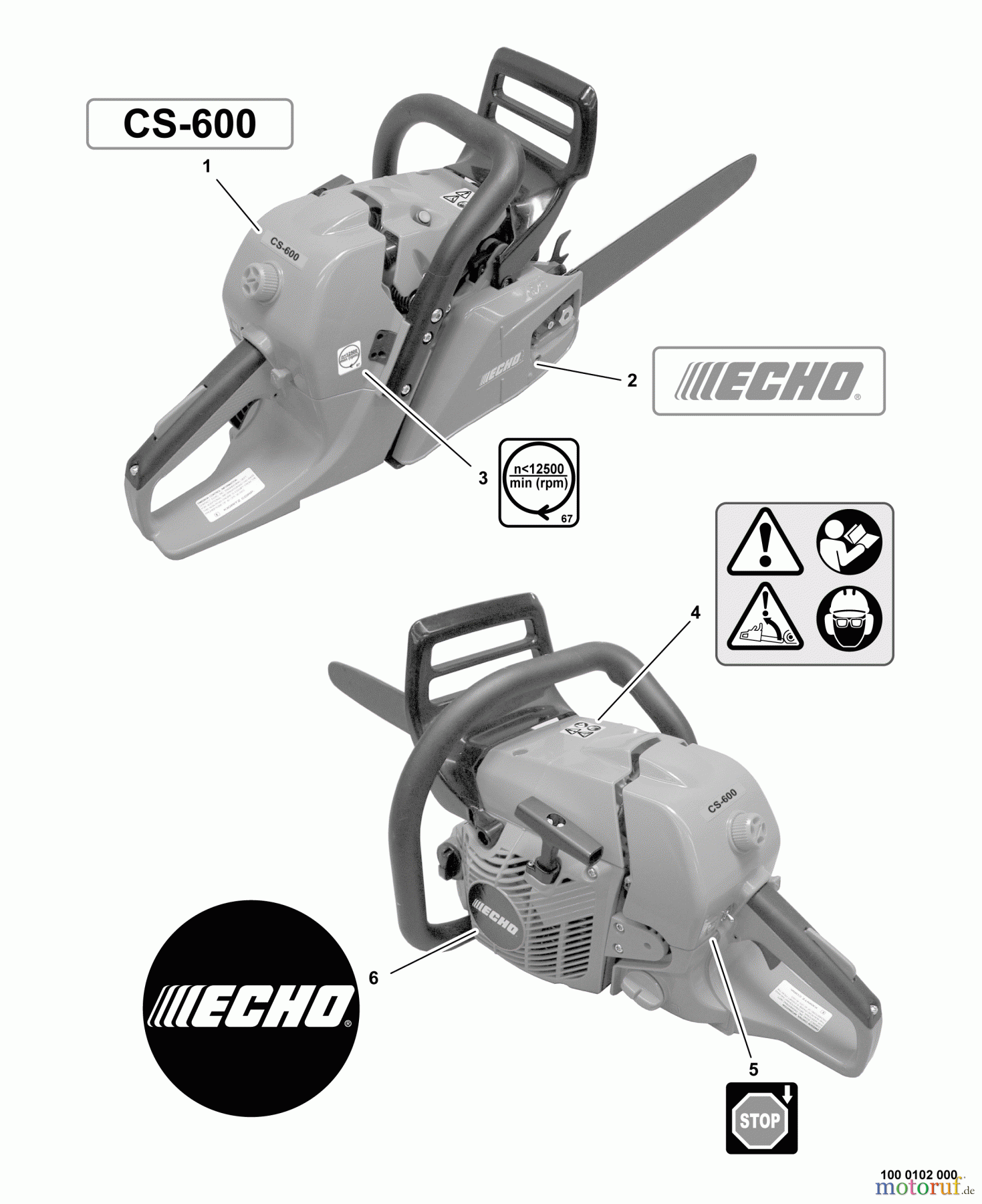  Echo Sägen, Kettensägen CS-600  S/N: C03920001001 - C03920999999 Labels