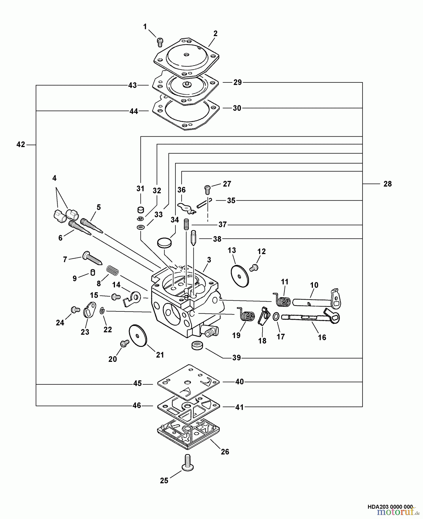Echo Sägen, Kettensägen CS-670 - Echo Chainsaw, S/N: 03001001 - 03999999 Carburetor -- HDA-203