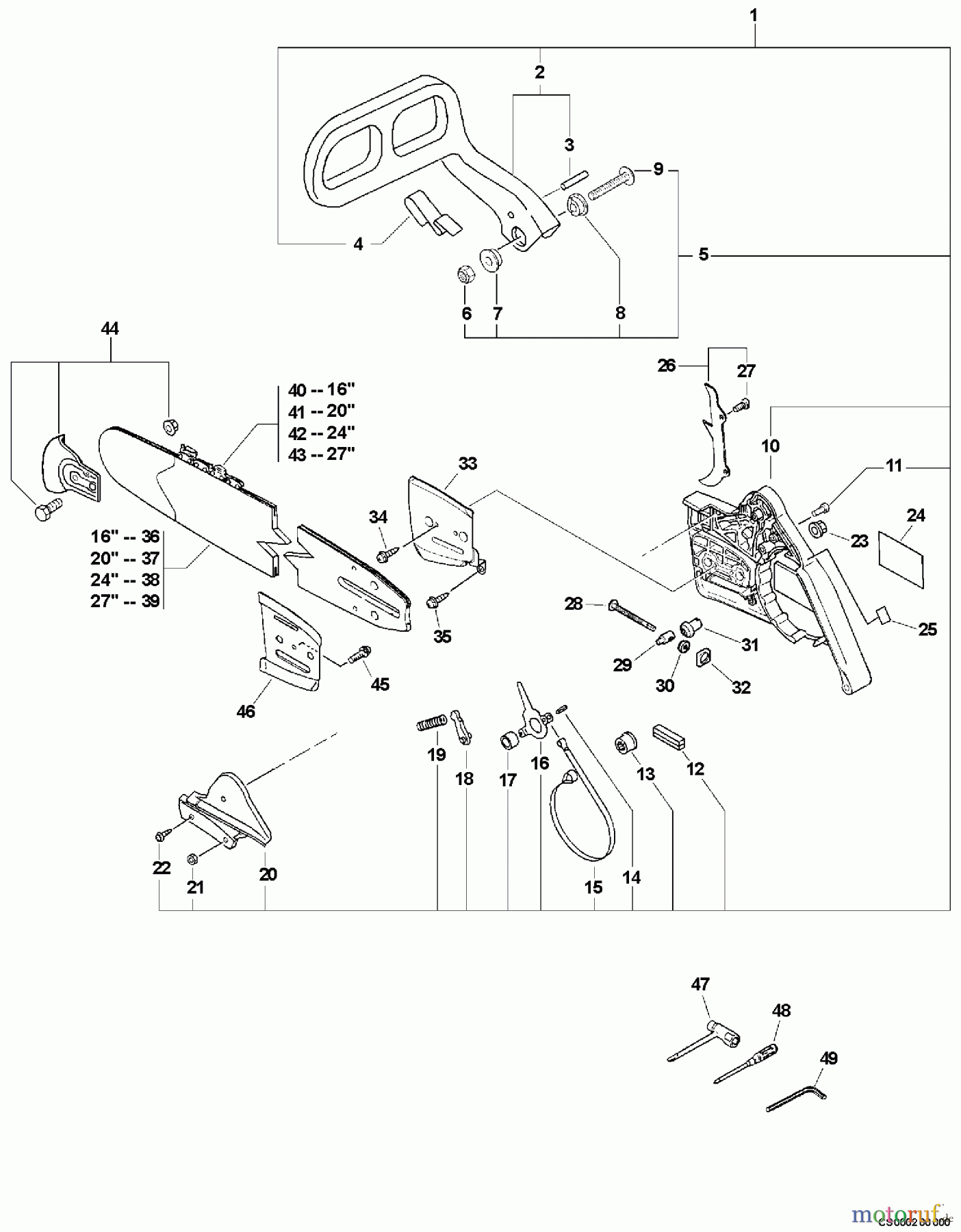 Echo Sägen, Kettensägen CS-670 - Echo Chainsaw, S/N: 03001001 - 03999999 Chain Brake Asssembly, Guide Bar, Chain