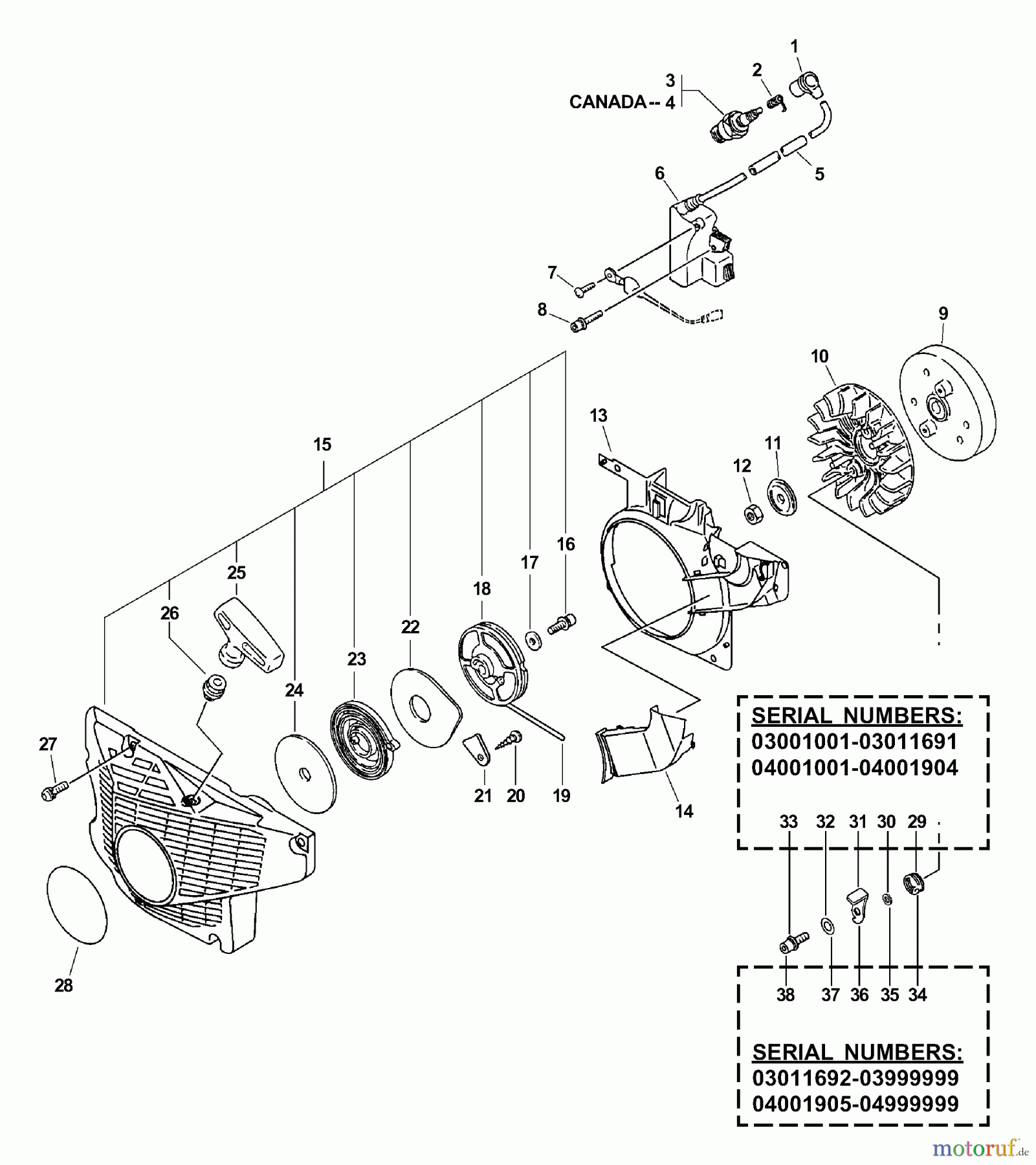 Echo Sägen, Kettensägen CS-670 - Echo Chainsaw, S/N: 03001001 - 03999999 Ignition, Starter, Flywheel