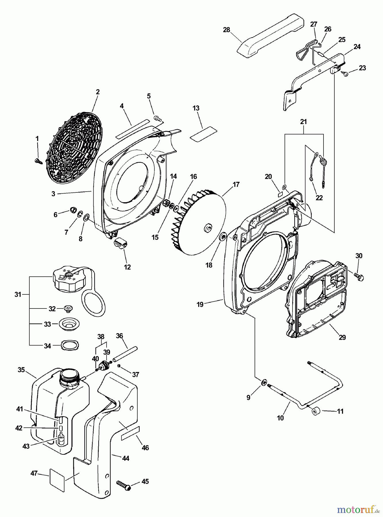 Echo Bläser / Sauger / Häcksler / Mulchgeräte PB-211 - Echo Hand Held Blower, S/N: 02001001 - 02999999 FuelSystem, Fan Cover, Engine Cover