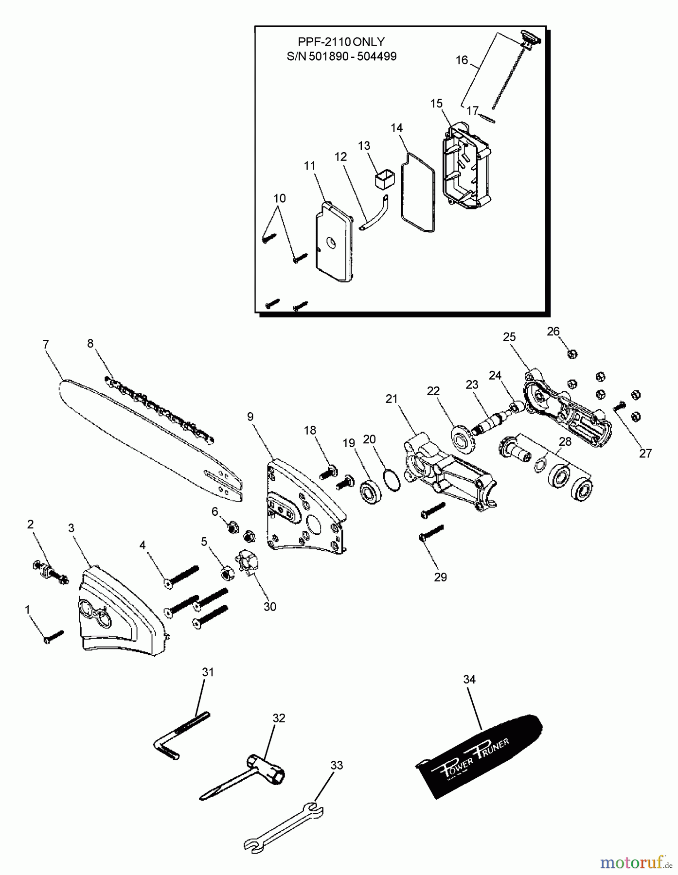 Echo Hochentaster PPF-2110 - Echo Pole Saw / Pruner, S/N: 501890 - 999999 (Type 1E) Gearcase, Guide Bar, Saw Chain, Oiler, Tools