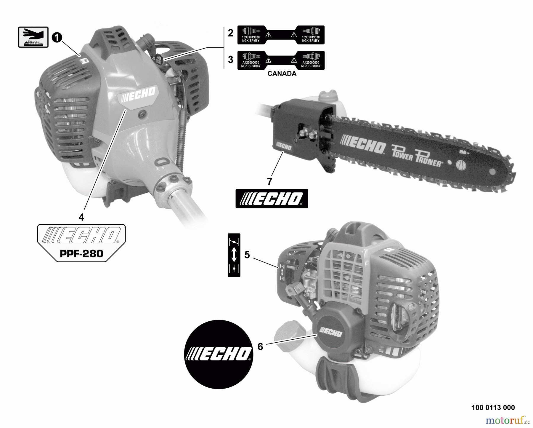 Echo Hochentaster PPF-280 - Echo Pole Saw / Pruner, S/N: E09511001001 - E09511999999 Labels