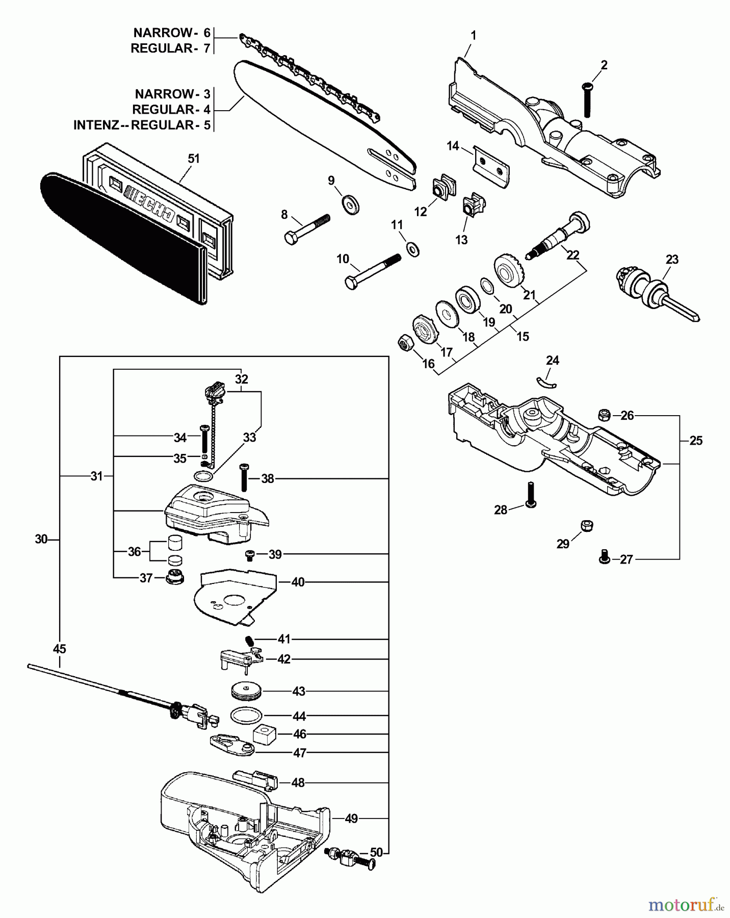 Echo Hochentaster PPT-2100 - Echo Pole Saw / Pruner (Type 1E) Gear Case, Auto-Oiler, Guide Bar, Chain S/N: 001001 - 506999