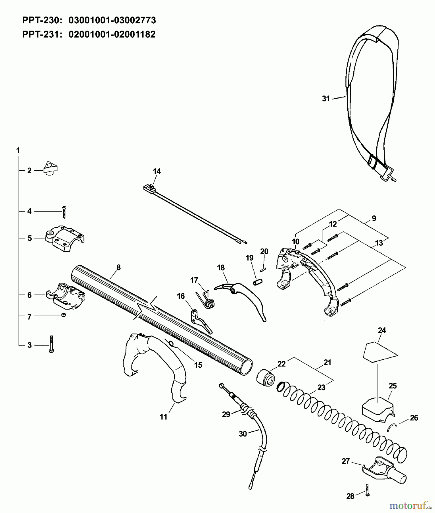  Echo Hochentaster PPT-231 - Echo Pole Saw / Pruner, S/N: 02001001 - 02999999 Main Pipe, Throttle Cable, Stop Switch  S/N: 02001001-02001182