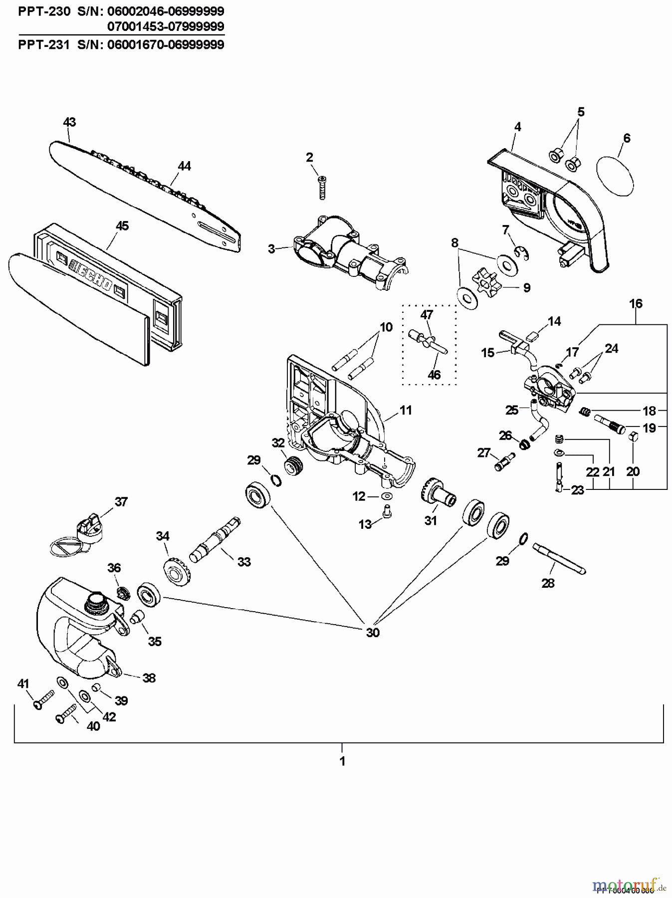  Echo Hochentaster PPT-230 - Echo Pole Saw / Pruner, S/N: 07001001 - 07999999 Gear Case, Auto-Oiler, Guide Bar, Chain  S/N: 07001453 - 07999999