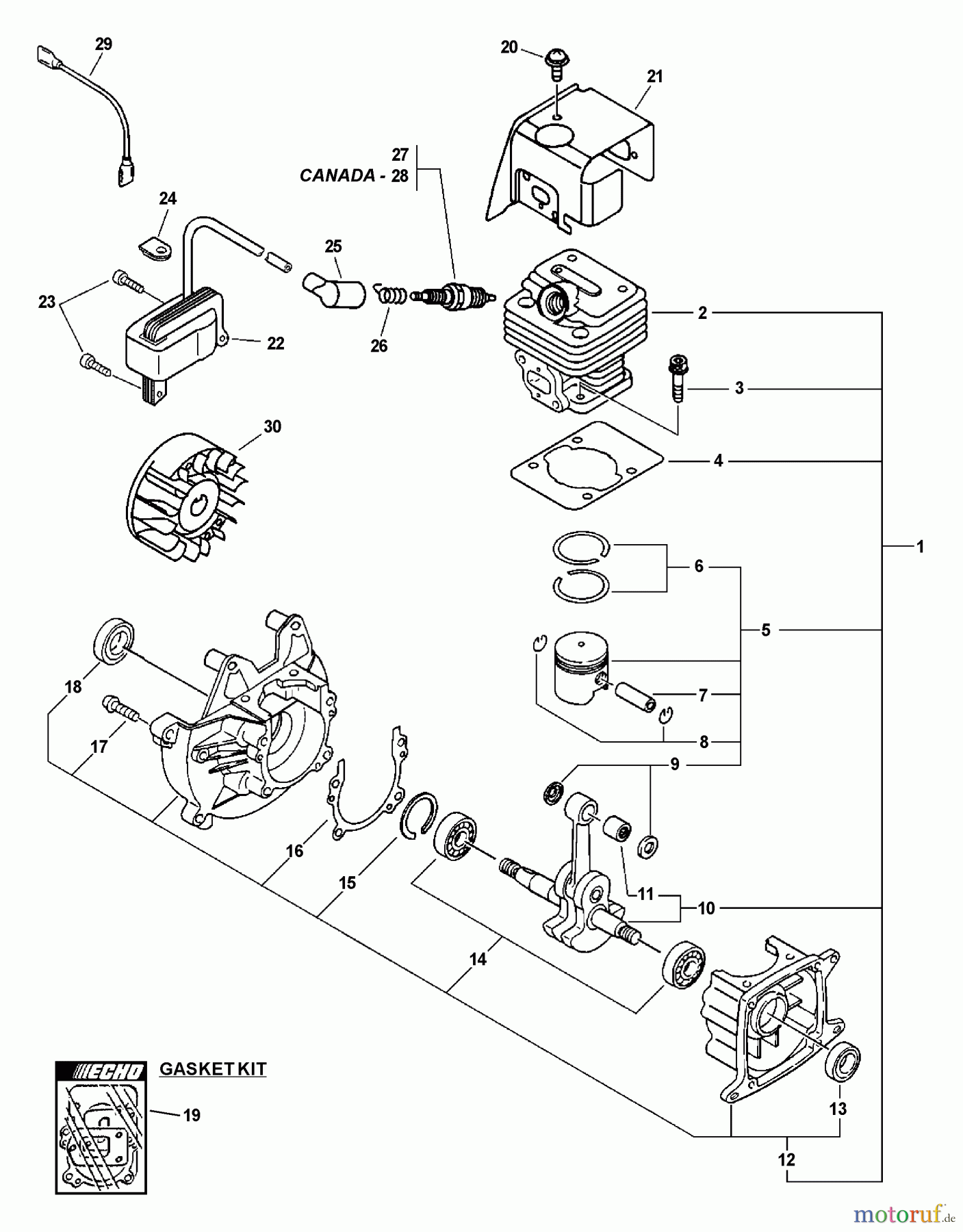  Echo Bläser / Sauger / Häcksler / Mulchgeräte	 PB-231LN - Echo Hand Held Blower, S/N: 02001001 - 02999999 Engine, Short Block, Ignition, Cylinder Cover